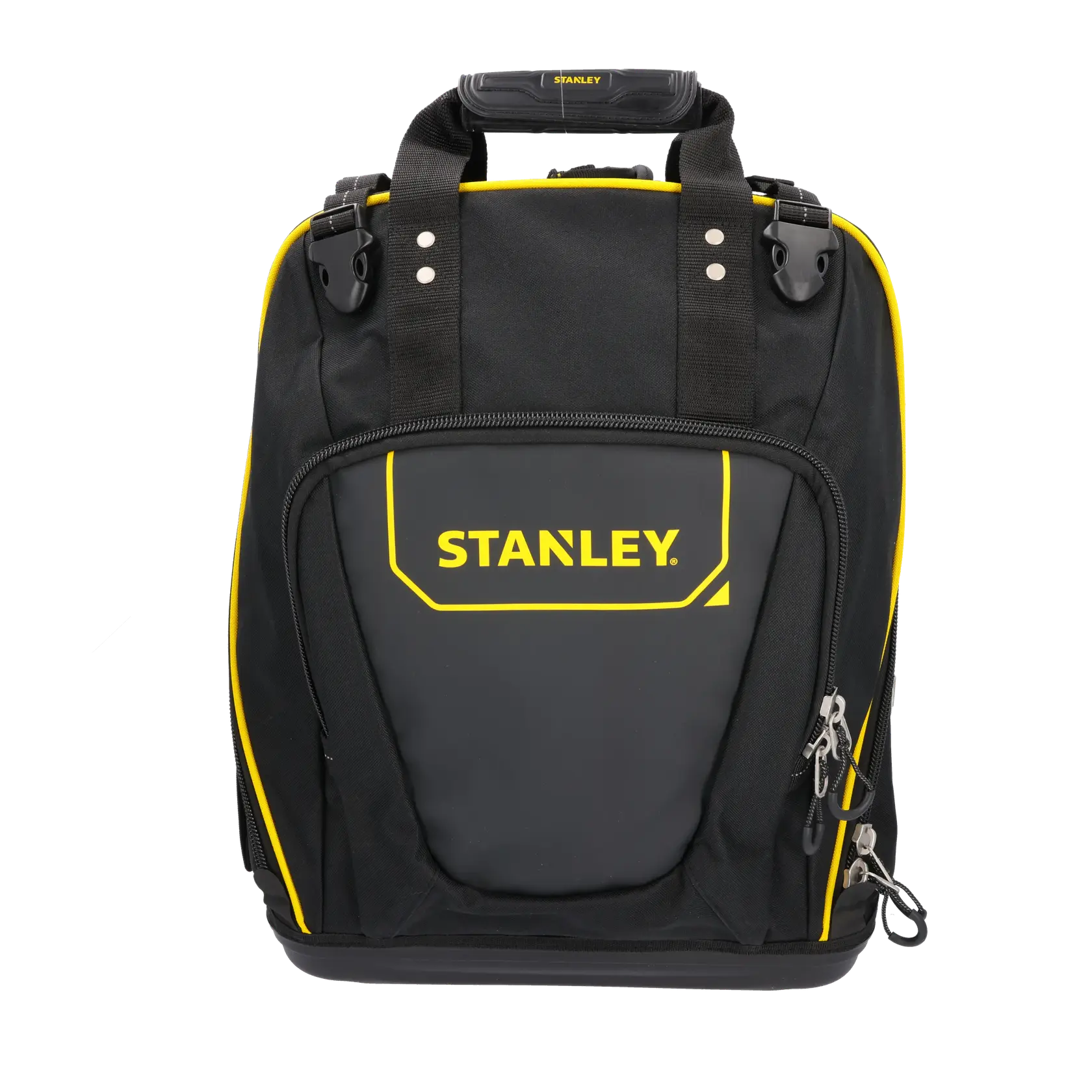 STANLEY FMST1-80144 bolsa de herramientas negra y amarilla, vista frontal, con cremalleras y asa resistente.