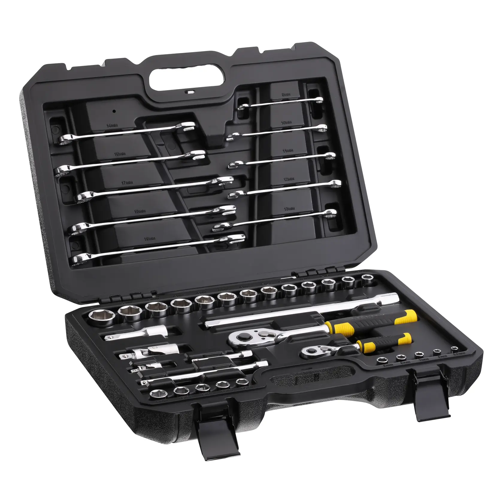 STANLEY STMT82832-1 set de herramientas con llaves, dados y matracas en estuche negro, vista angular.