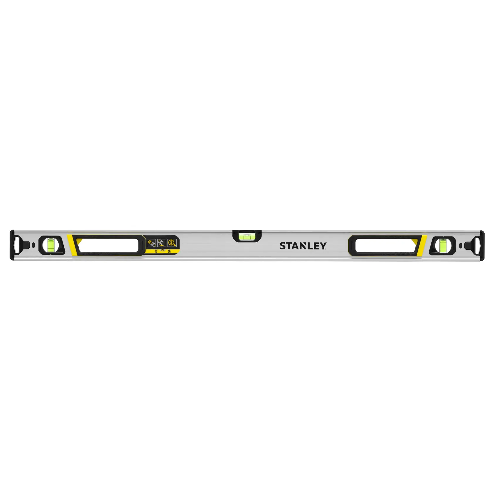 STANLEY FMHT43674-1 nivel de burbuja de aluminio, vista frontal, tres viales y detalles amarillo-negro.