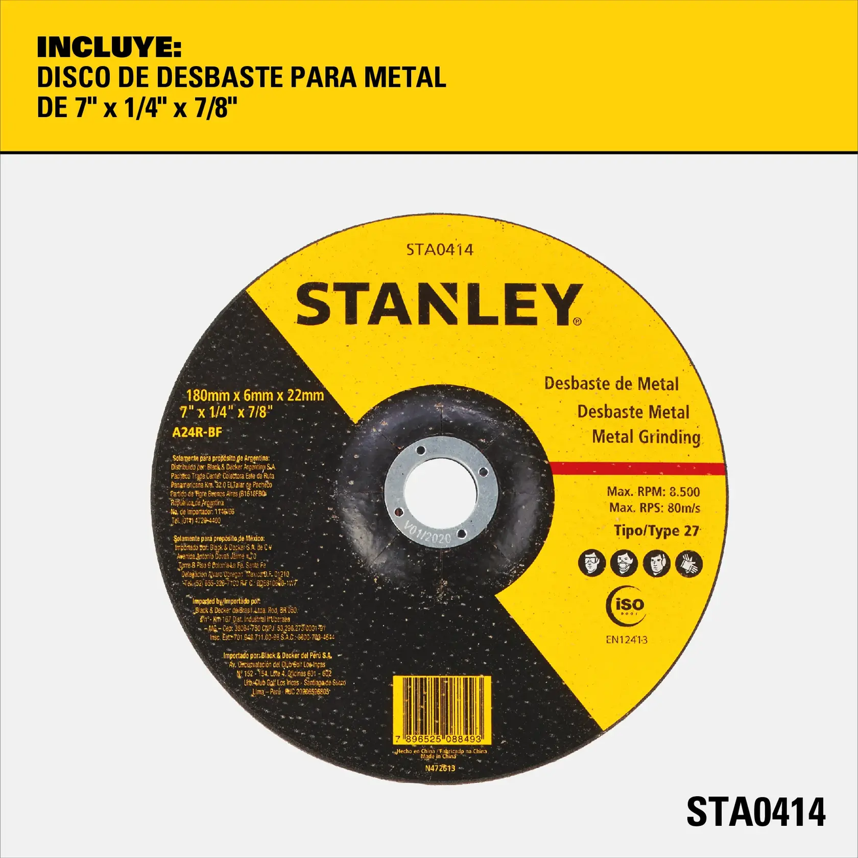 Disco de desbaste para metal Stanley STA0414 de 7 pulgadas x 1/4 pulgada x 7/8 pulgada, mostrado sobre fondo blanco con marca y detalles en amarillo e información del producto en español e inglés. Incluye especificaciones e iconos de seguridad.