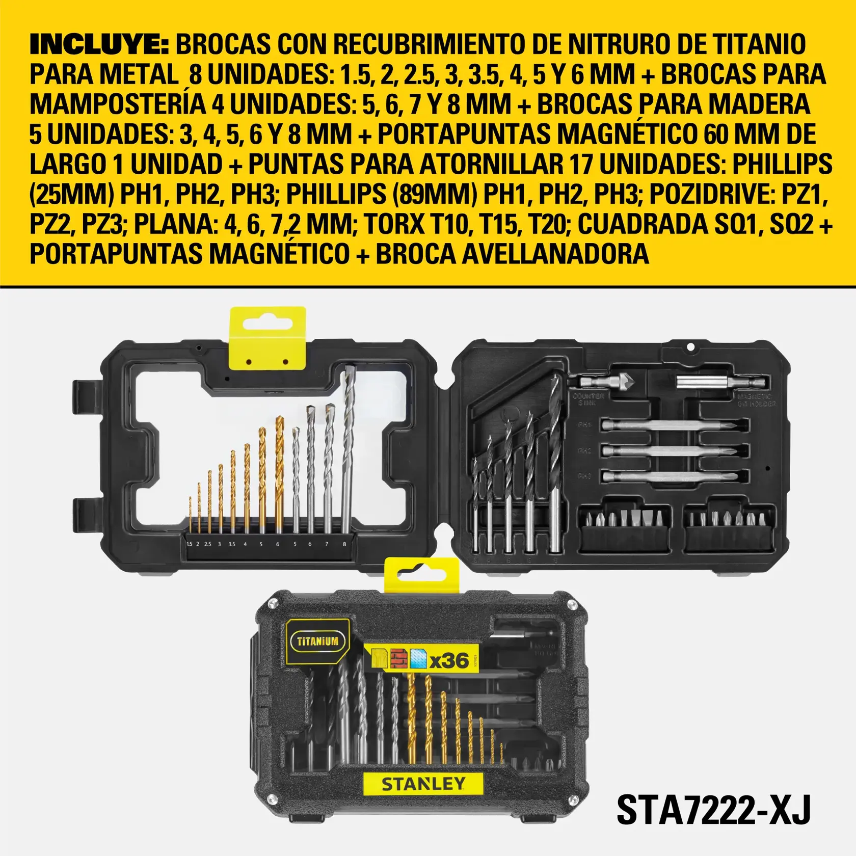 Juego de brocas y puntas para atornillar Stanley STA7222-XJ en un estuche de plástico negro. Incluye brocas para metal con recubrimiento de nitruro de titanio, brocas para mampostería, brocas para madera, un portapuntas magnético de 60 mm, varias puntas para atornillar (Phillips, Pozidriv, plana, Torx, cuadrada), un portapuntas magnético y una broca avellanadora. Contiene un total de 36 piezas, con etiquetado claro sobre fondo amarillo.