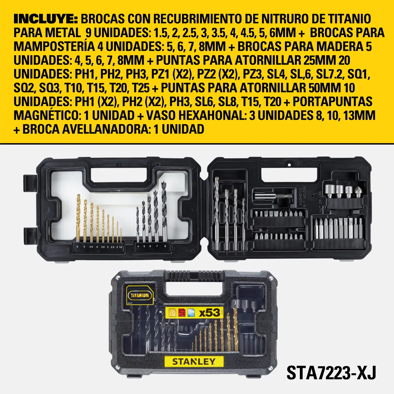 Juego de brocas y puntas para atornillar Stanley STA7223-XJ. La imagen muestra un estuche de plástico negro abierto con varias brocas recubiertas de titanio para metal, brocas para mampostería, brocas para madera, puntas para atornillar de diferentes tipos y tamaños, un portapuntas magnético, vasos hexagonales y una broca avellanadora. En la parte superior, la imagen detalla el contenido incluido en español. El logo amarillo y negro de Stanley es visible en el estuche cerrado debajo del abierto.