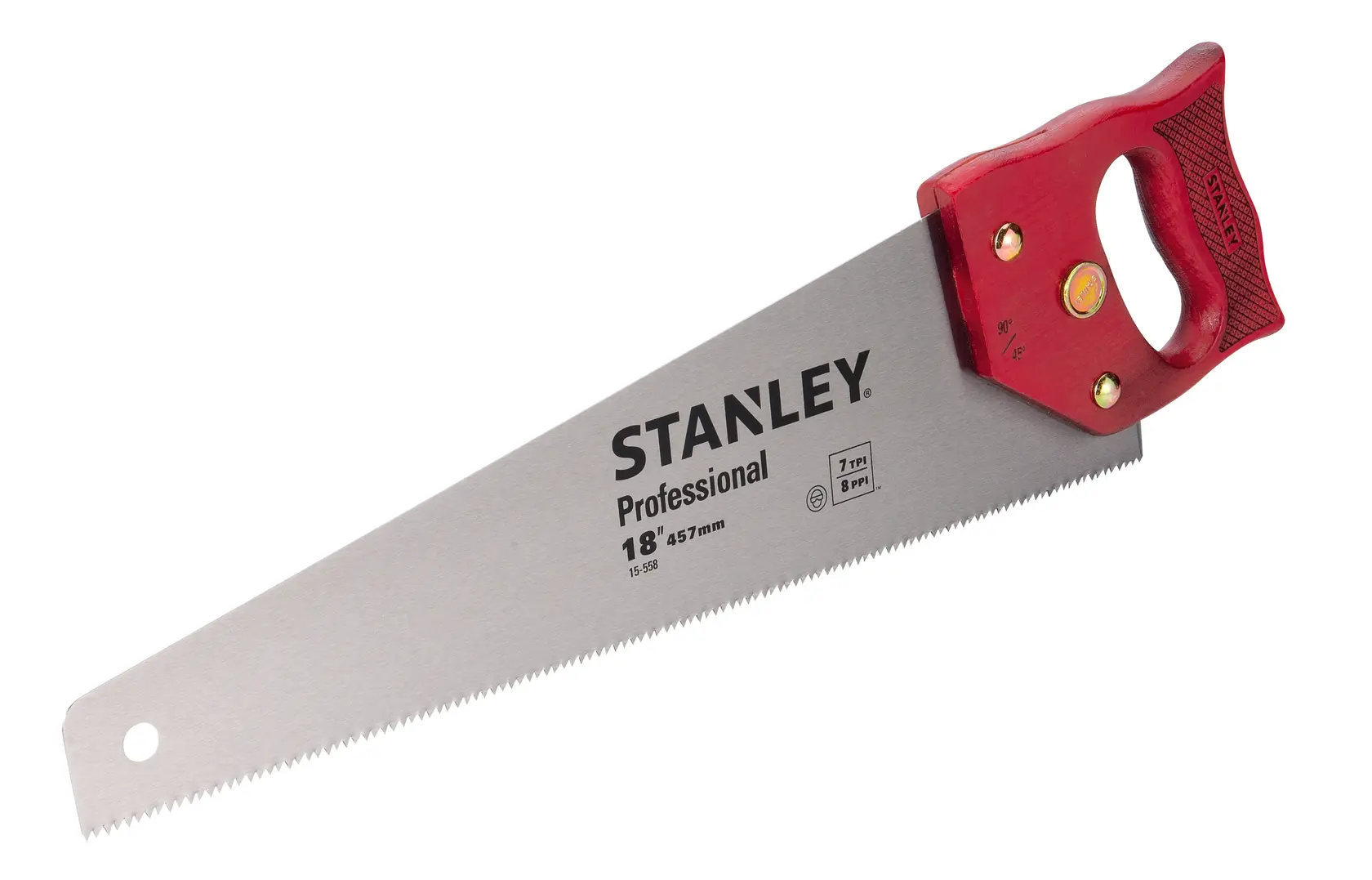 STANLEY 15-558 sierra manual profesional con mango rojo, ángulo lateral, fotografía sobre fondo blanco.