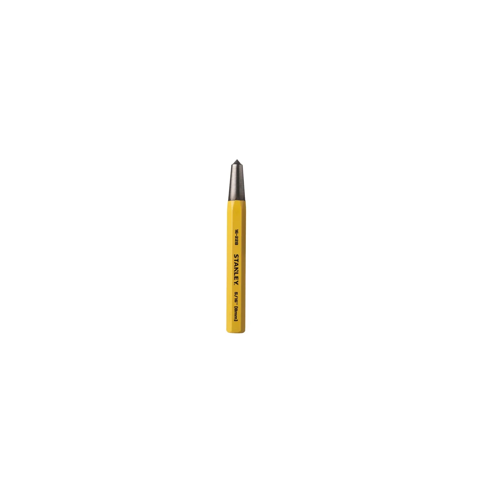 Cincel frío STANLEY de 5/16 pulgadas (8mm) con cuerpo hexagonal amarillo y punta negra, ángulo lateral sobre fondo blanco.