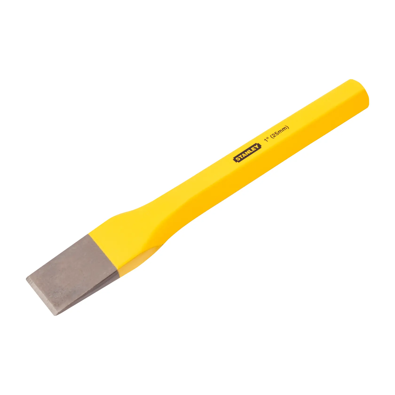 STANLEY 16-315 cincel frío amarillo, hoja de acero, herramienta manual, ángulo superior, fondo blanco.