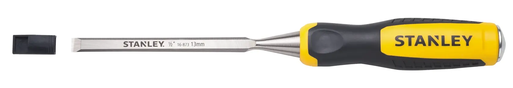 Cincel STANLEY 16-873LA con mango amarillo y negro, hoja de 13mm, vista lateral sobre fondo blanco.