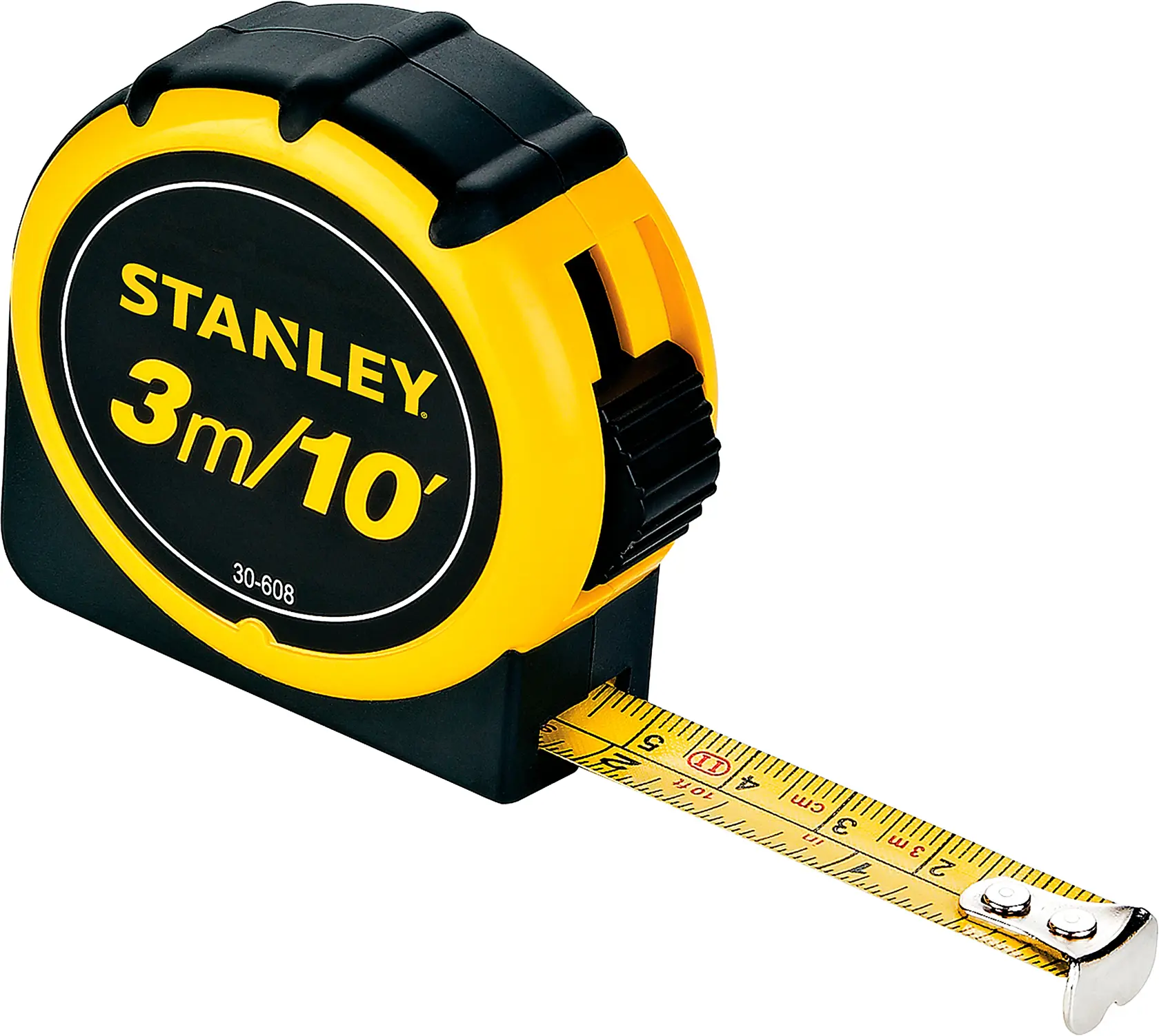 Stanley 30-608 cinta métrica amarilla y negra, 3m/10ft, ángulo lateral sobre fondo blanco.