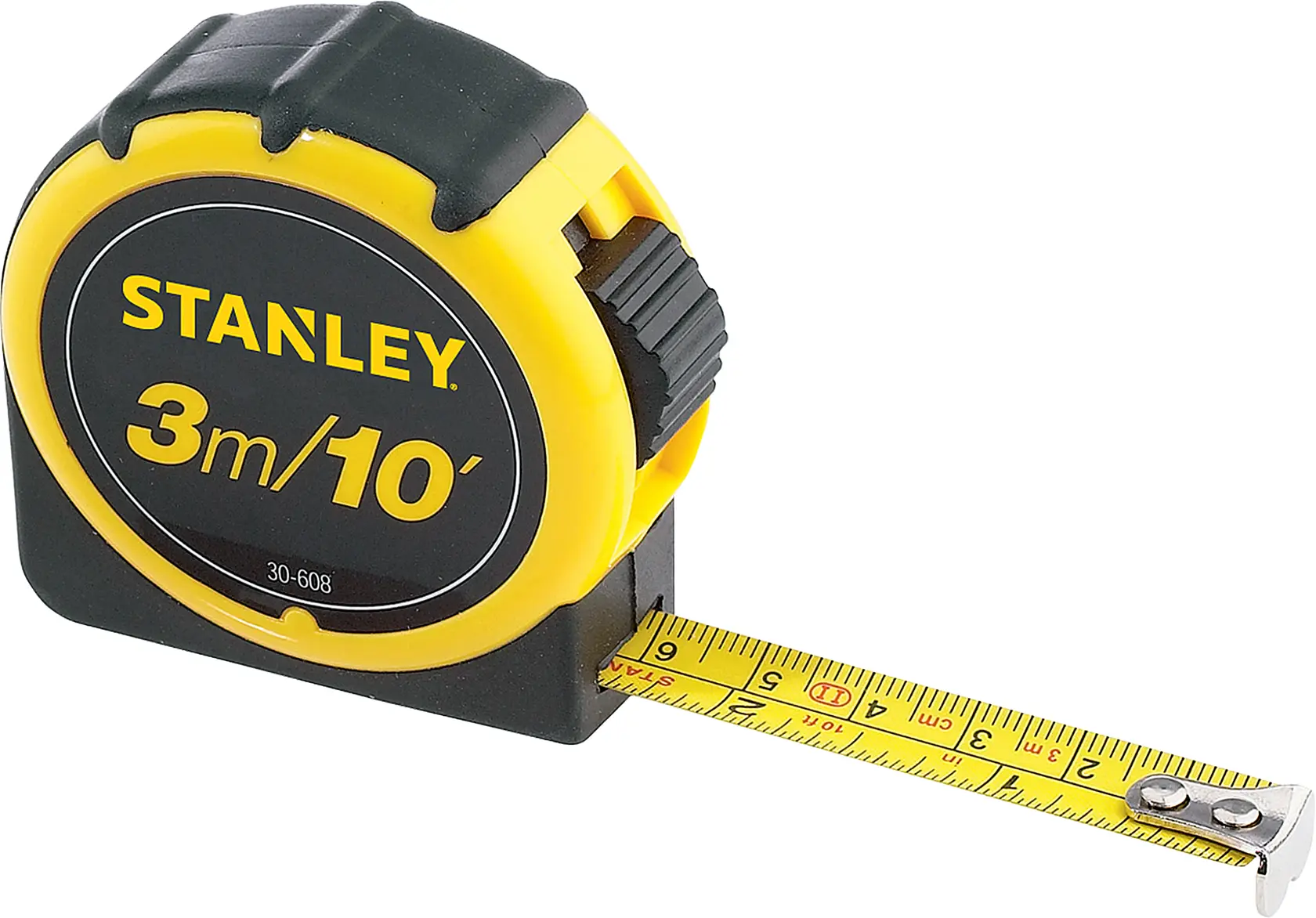 STANLEY 30-608 cinta métrica, amarilla y negra, 3m/10ft de longitud, vista lateral sobre fondo blanco.