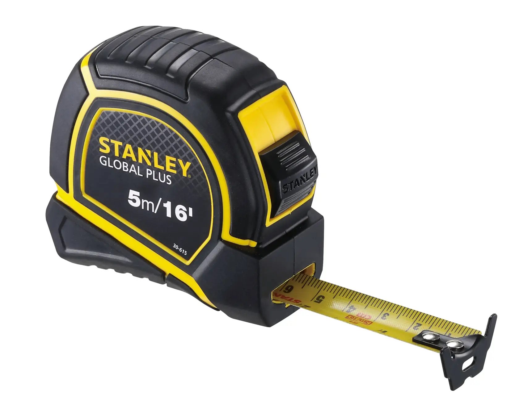STANLEY 30-615 cinta métrica, negra y amarilla, 5m/16ft, vista frontal en fondo blanco.