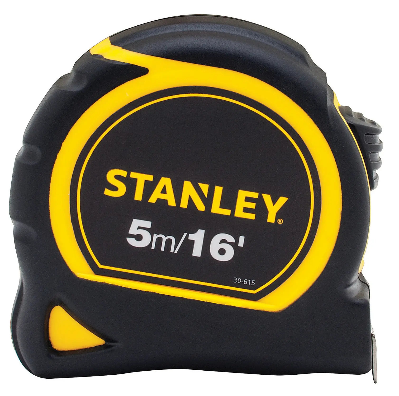 STANLEY 30-615 cinta métrica negra y amarilla, 5m/16ft, fotografía, ángulo frontal.