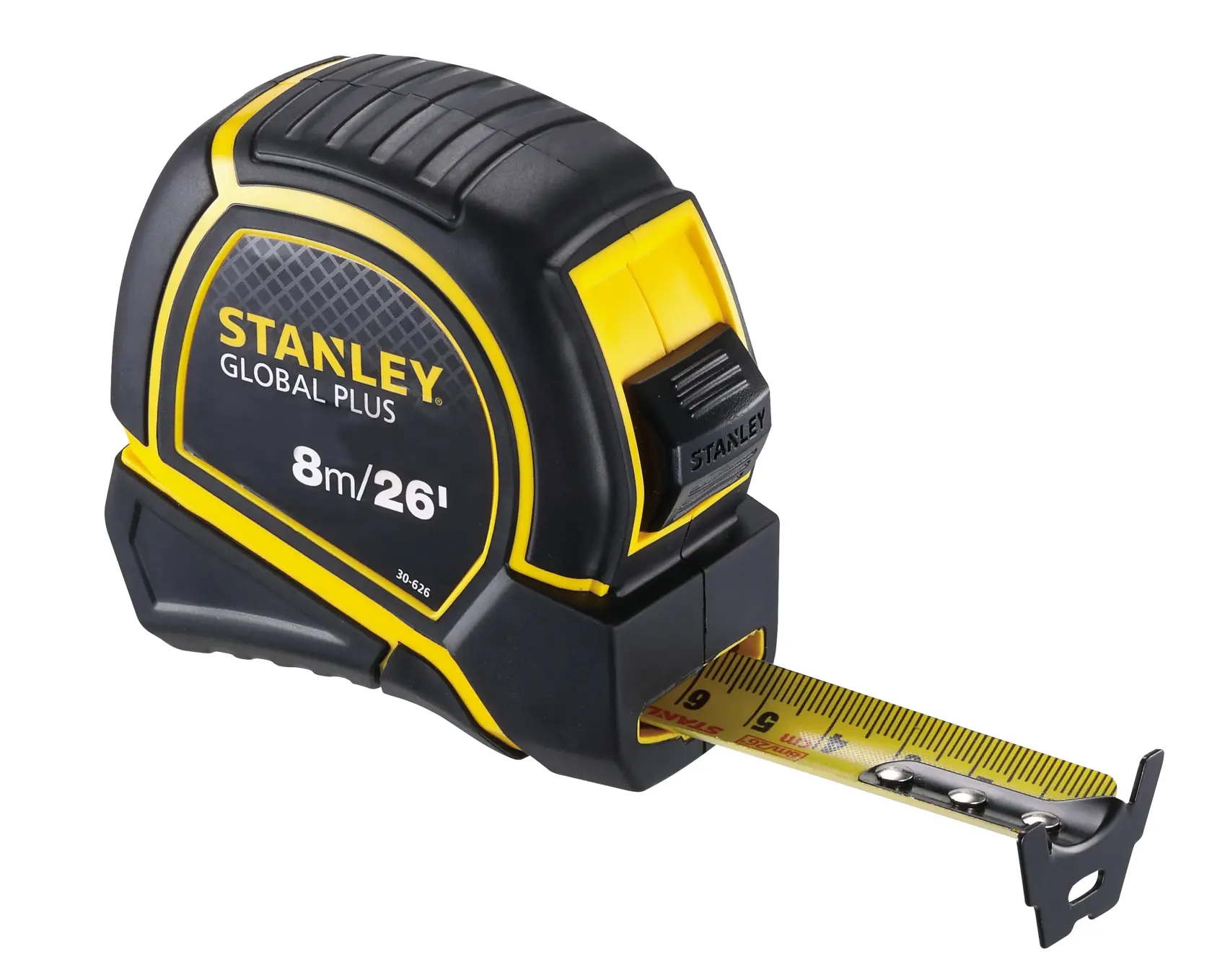 Cinta métrica STANLEY 30-626 GLOBAL PLUS, 8m/26ft, negra y amarilla, fotografía en ángulo del producto.