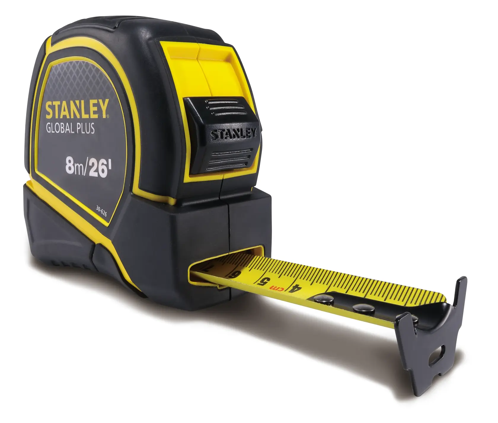 Fotografía del flexómetro STANLEY 30-626, negro y amarillo, hoja extendida, en fondo blanco.