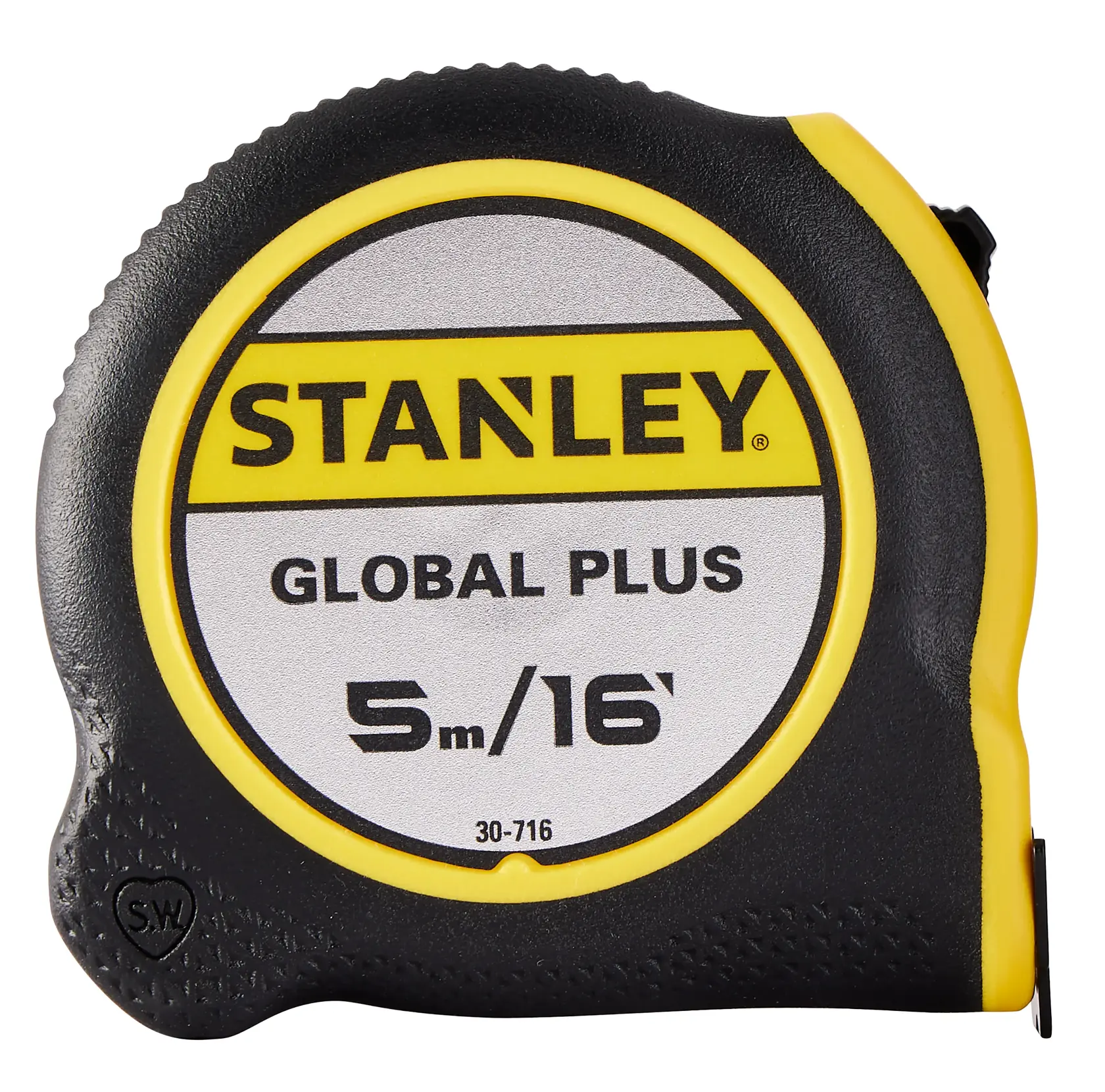 Stanley 30-716P cinta métrica, Global Plus, 5m/16ft, negro y amarillo, vista frontal sobre fondo blanco.