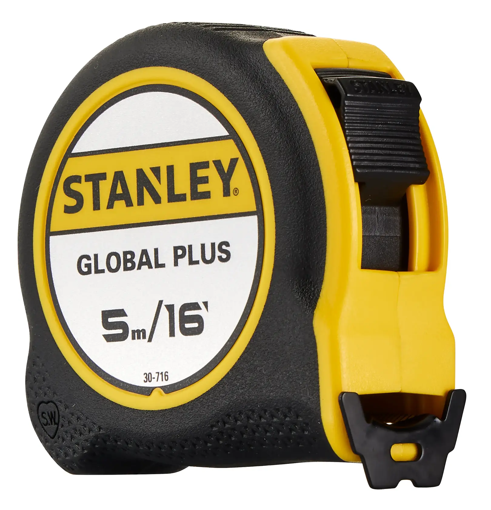 STANLEY 30-716P cinta métrica, carcasa negra y amarilla, fotografía, ángulo frontal izquierdo, marca 5m/16ft.