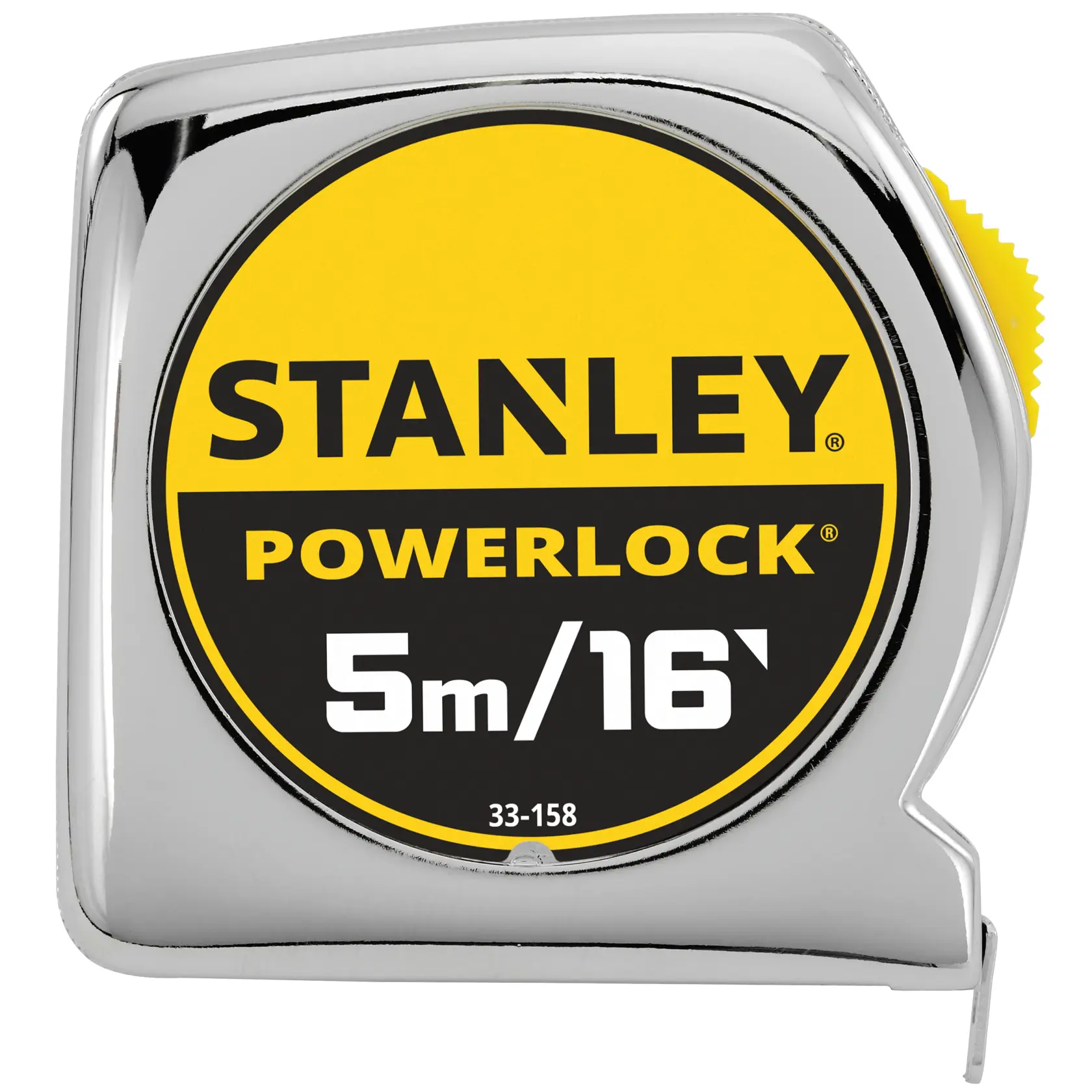 Stanley PowerLock cinta métrica, ángulo frontal, 5m/16ft, carcasa cromada, etiqueta amarilla y negra