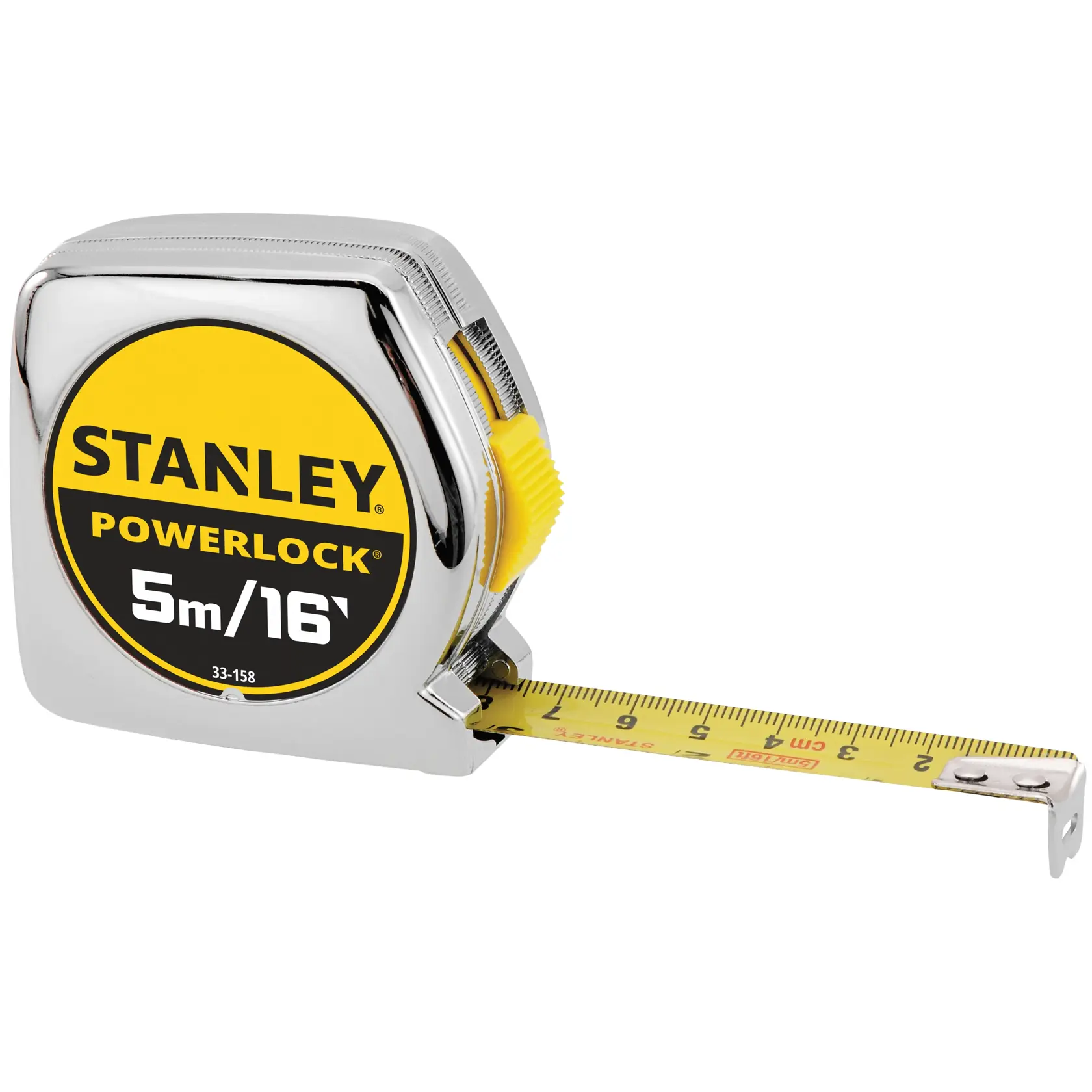 Cinta métrica Stanley PowerLock, 5m/16ft, cuerpo cromado, seguro amarillo, vista en ángulo sobre fondo blanco