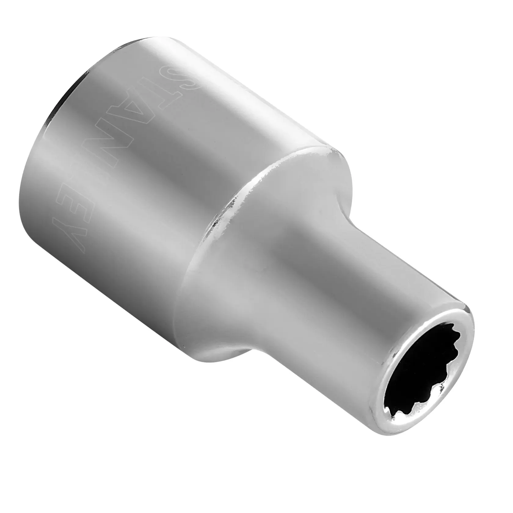 STANLEY 4-86-512 dado cromado, accesorio de herramienta, ángulo lateral sobre fondo blanco.