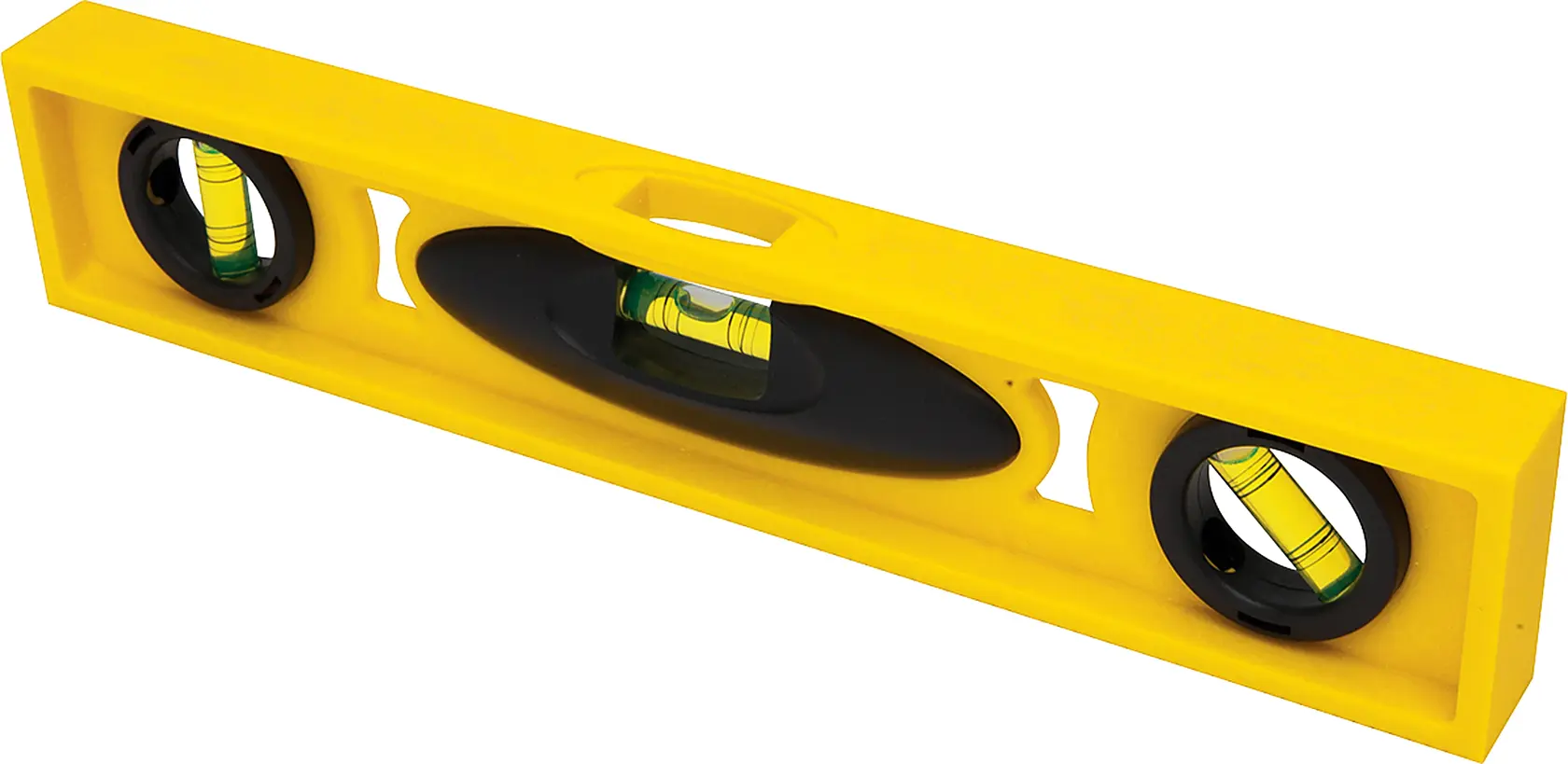 STANLEY 42-466 nivel de burbuja amarillo con tres viales, ángulo frontal sobre fondo blanco.