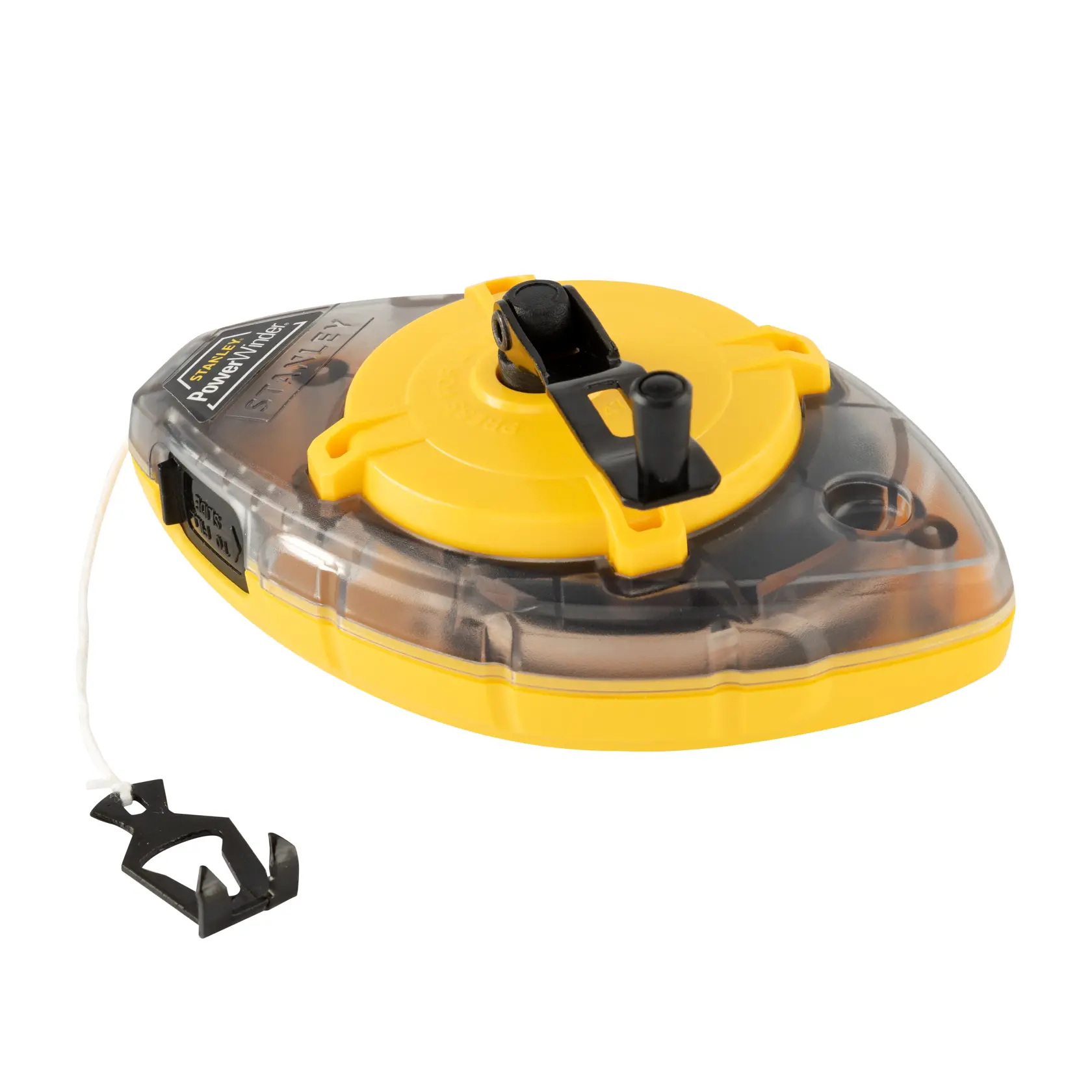 STANLEY 47-460 carrete de línea de tiza, amarillo y negro, mostrado en ángulo sobre fondo blanco.
