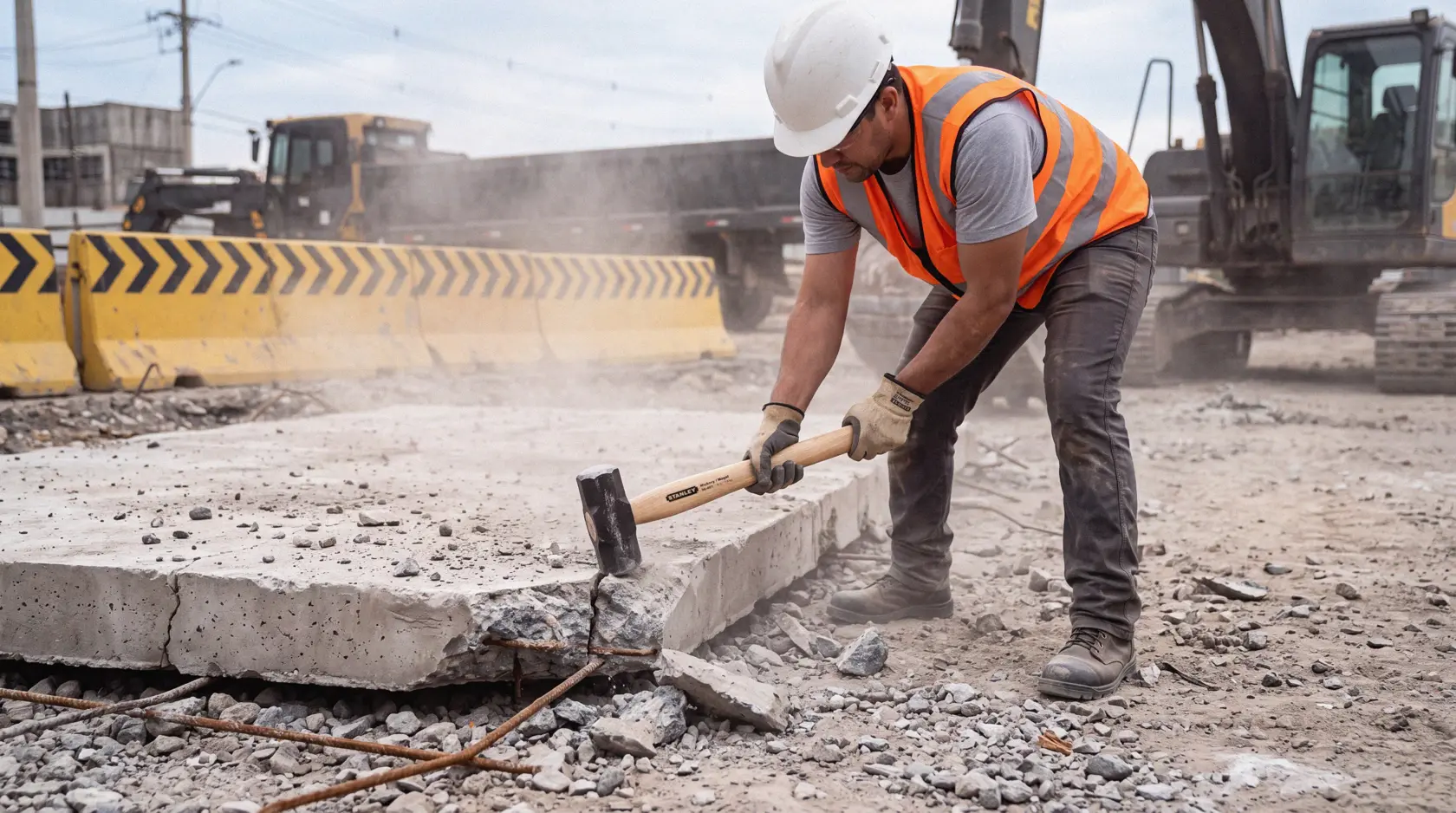 Trabajador rompe concreto con mazo Stanley en una obra.