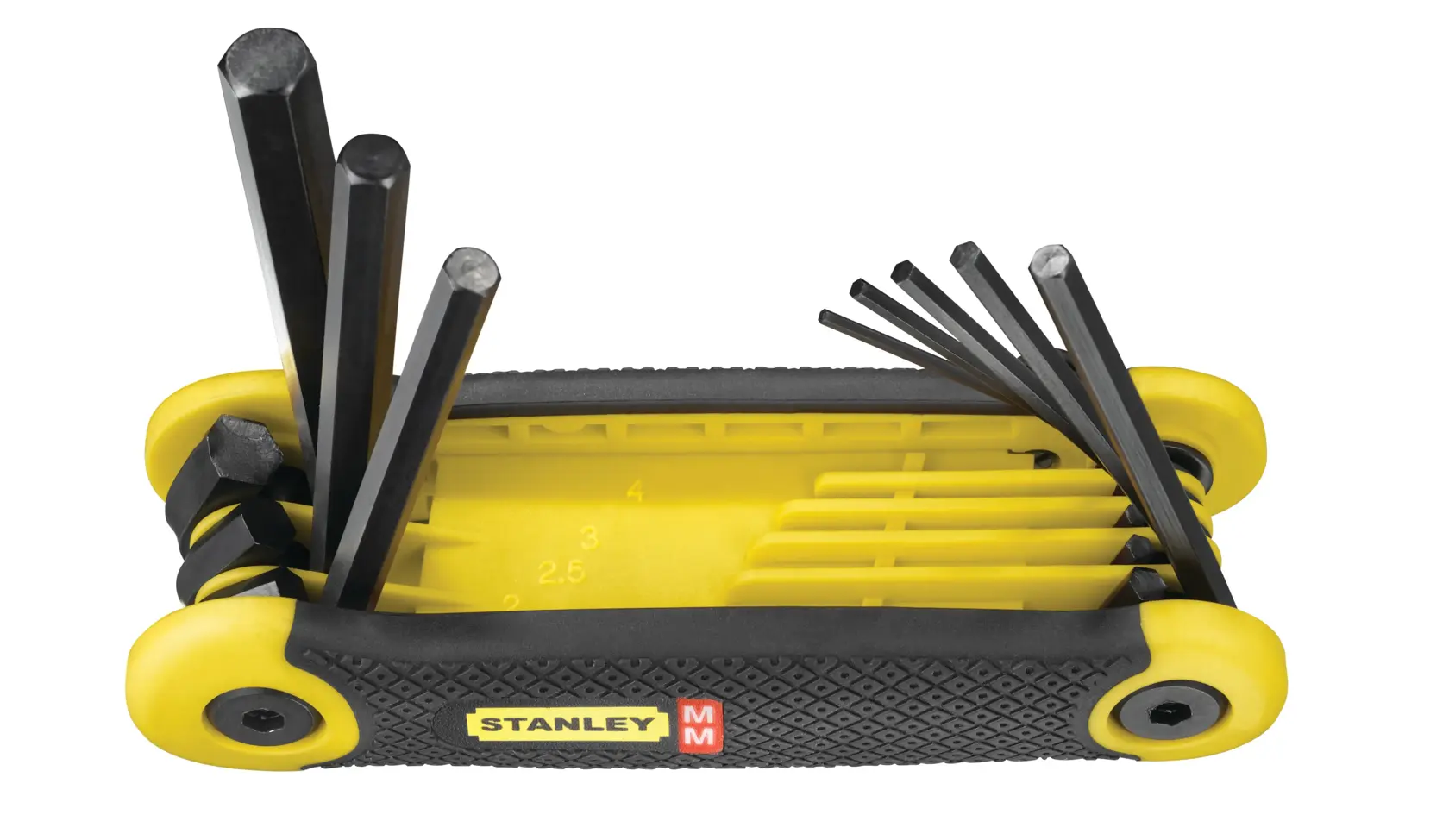STANLEY 69-264 juego de llaves hexagonales plegables, mango amarillo y negro, varias llaves extendidas, vista lateral.