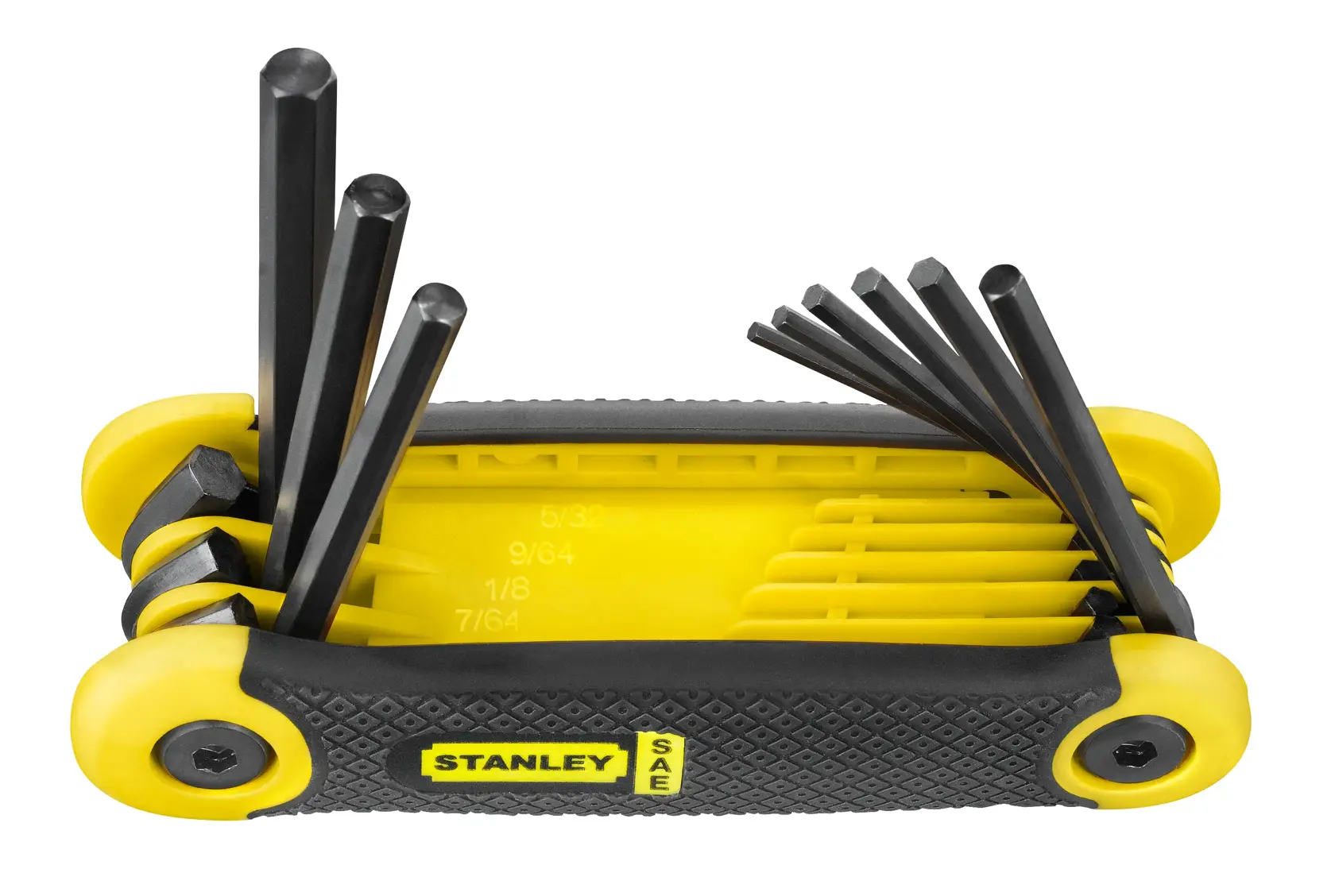 STANLEY 69-265 juego de llaves hexagonales con mango amarillo y negro, tamaños SAE visibles, ángulo frontal sobre fondo blanco.