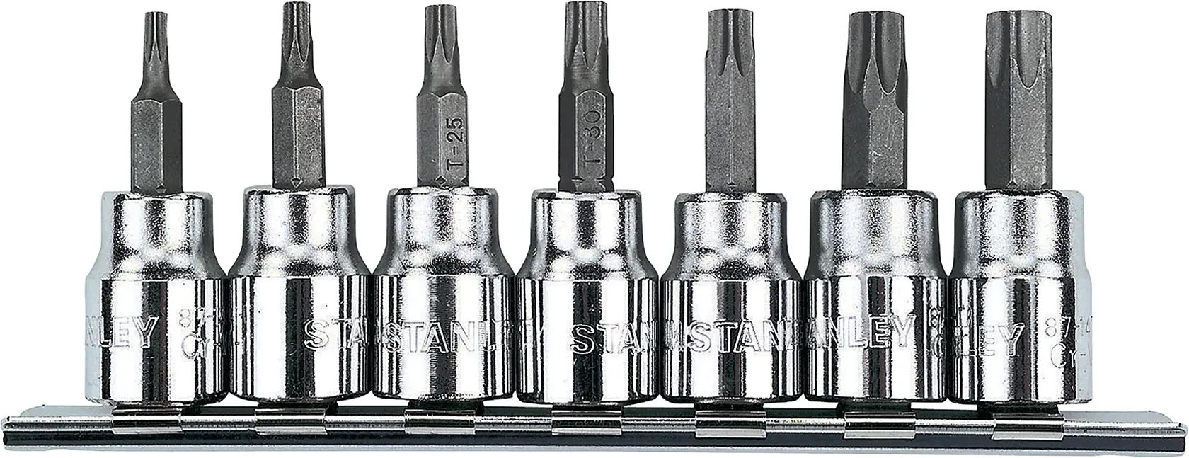 STANLEY 87-342 juego de llaves Torx, siete piezas cromadas en soporte, vista frontal, fotografía de herramienta.