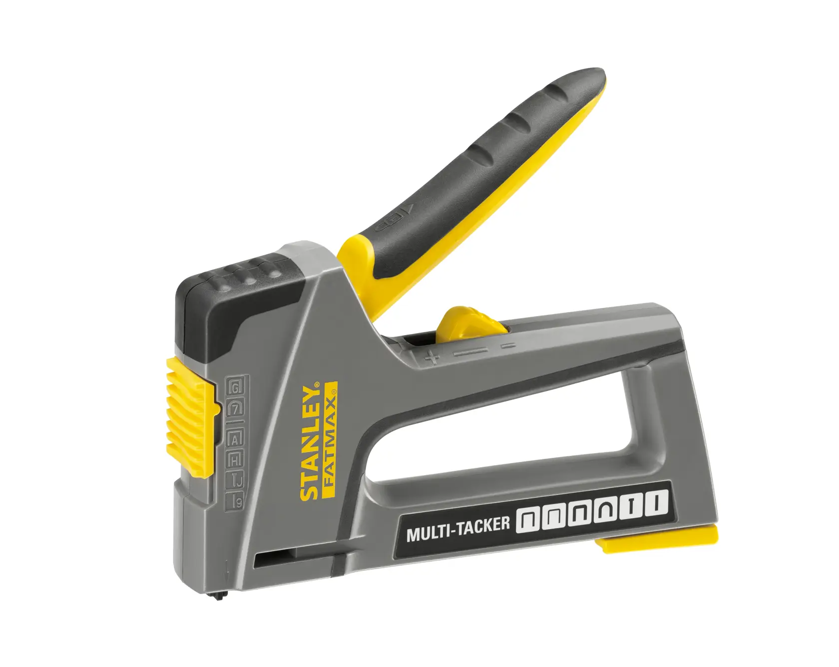 Fotografía de la grapadora multi-tacker STANLEY FMHT6-70868 en gris y amarillo, en ángulo sobre fondo blanco.