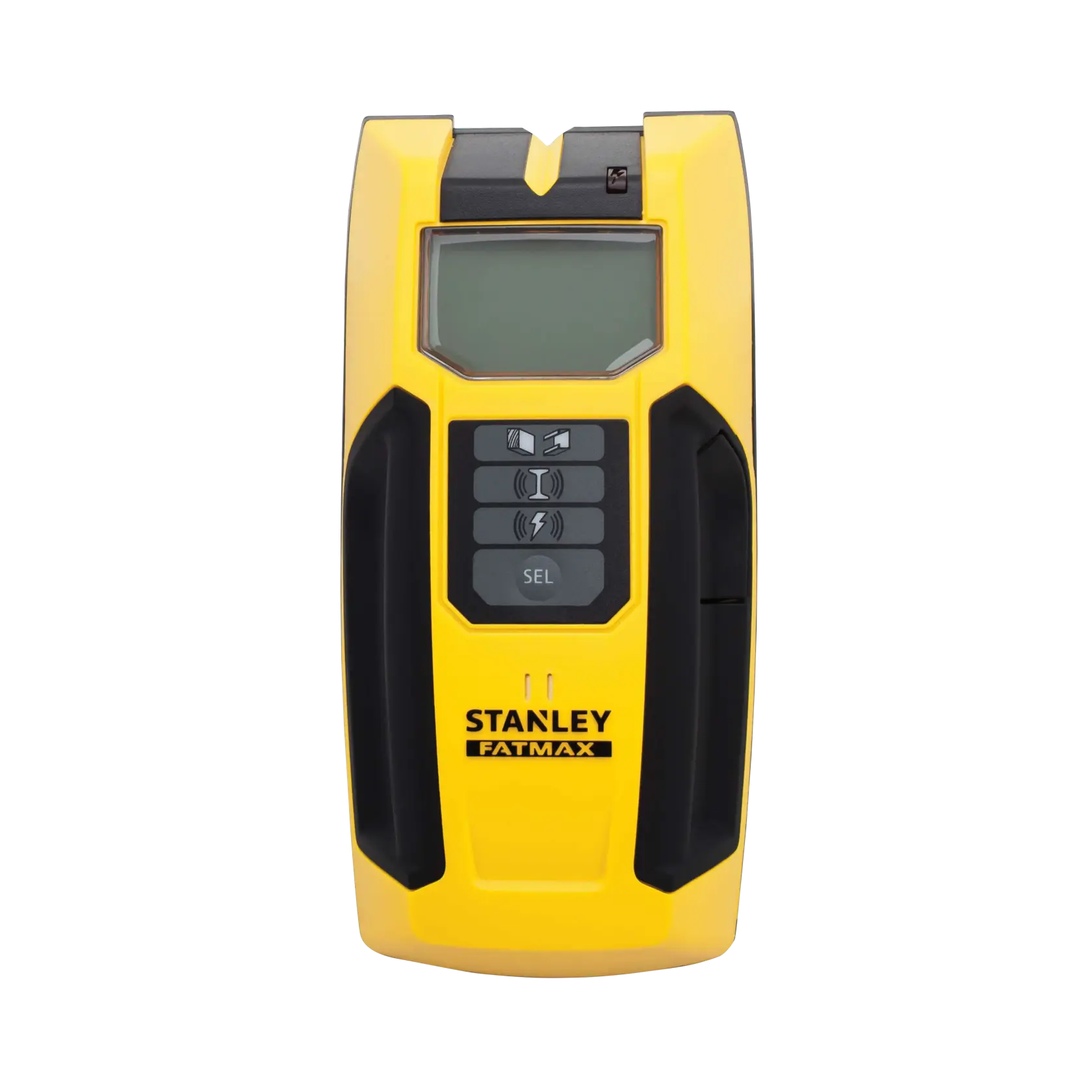 Vista frontal Stanley FATMAX detector de vigas con pantalla LCD y carcasa negra-amarilla en fondo blanco