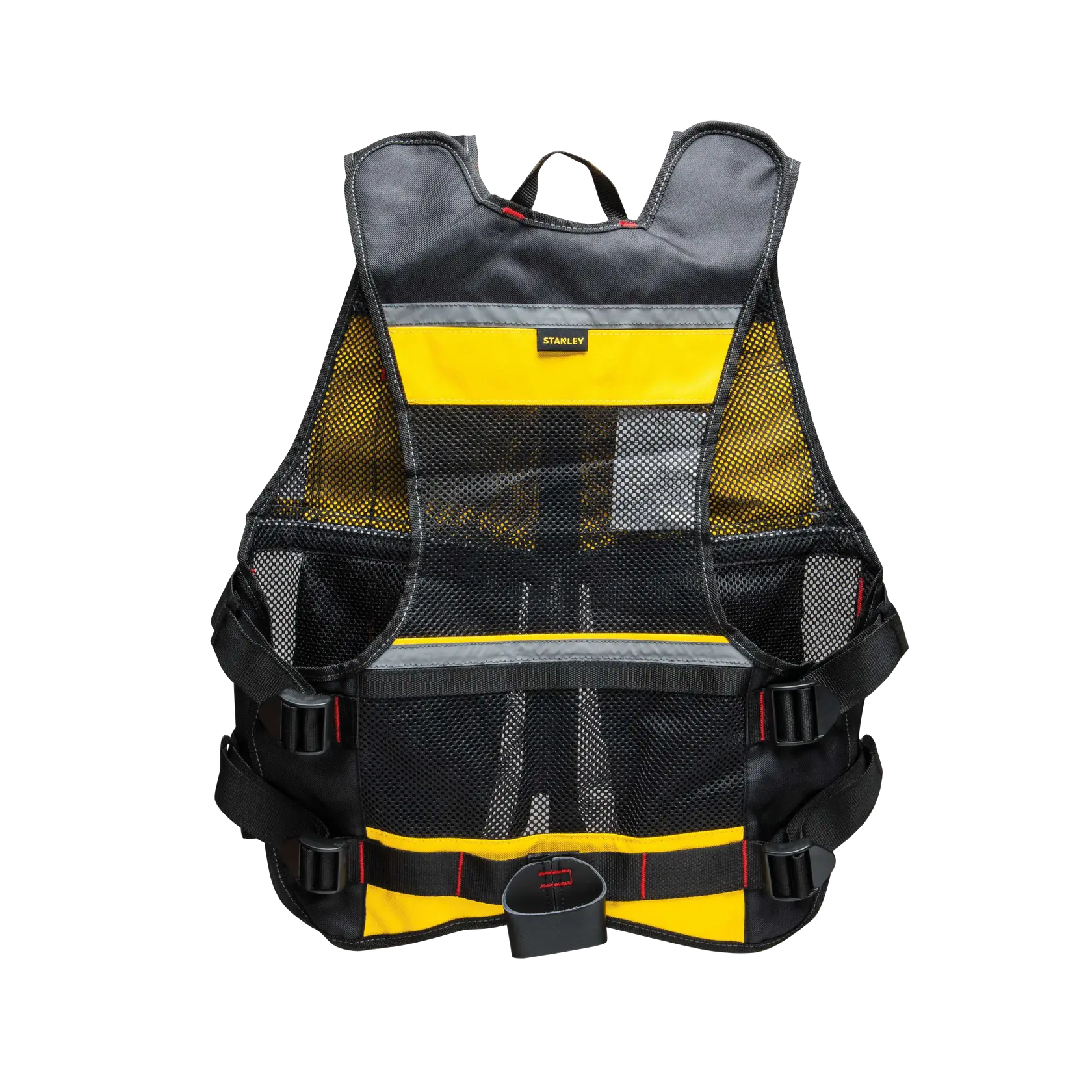STANLEY FMST530201 chaleco de herramientas de malla en negro y amarillo, correas ajustables, vista frontal sobre fondo blanco.