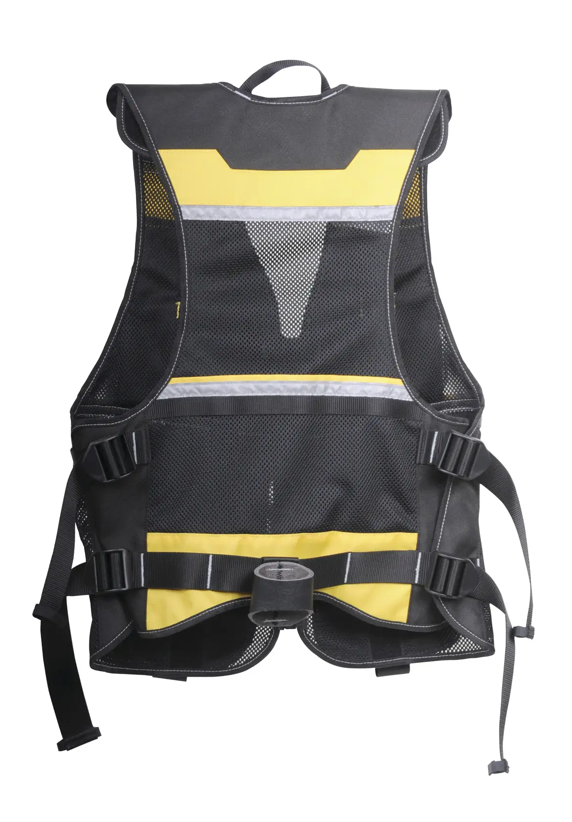 Chaleco de trabajo de malla STANLEY FMST530201, negro y amarillo, ángulo trasero sobre fondo blanco.