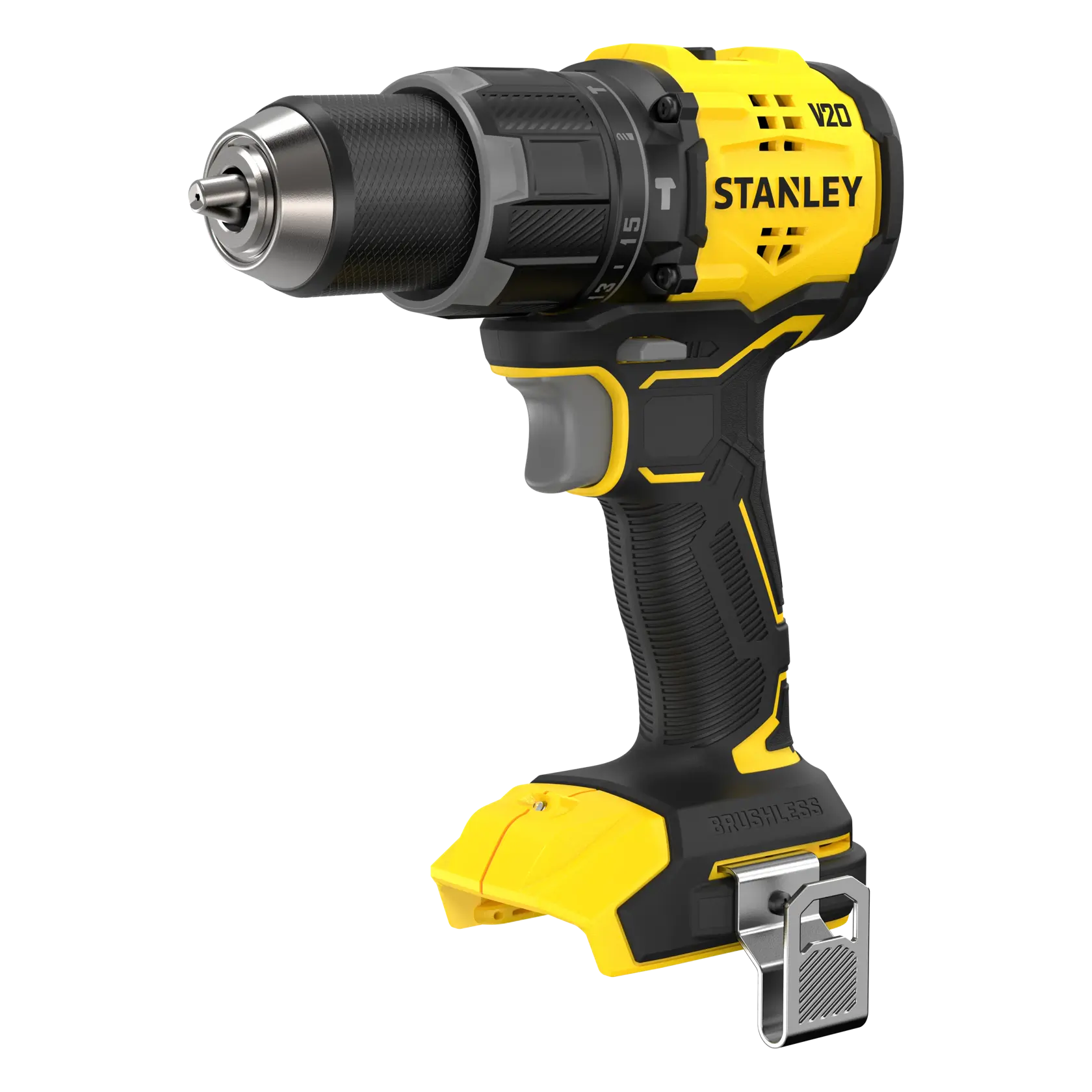 Fotografía de taladro inalámbrico STANLEY SBD716, amarillo y negro, sin escobillas, ángulo lateral sobre fondo blanco.