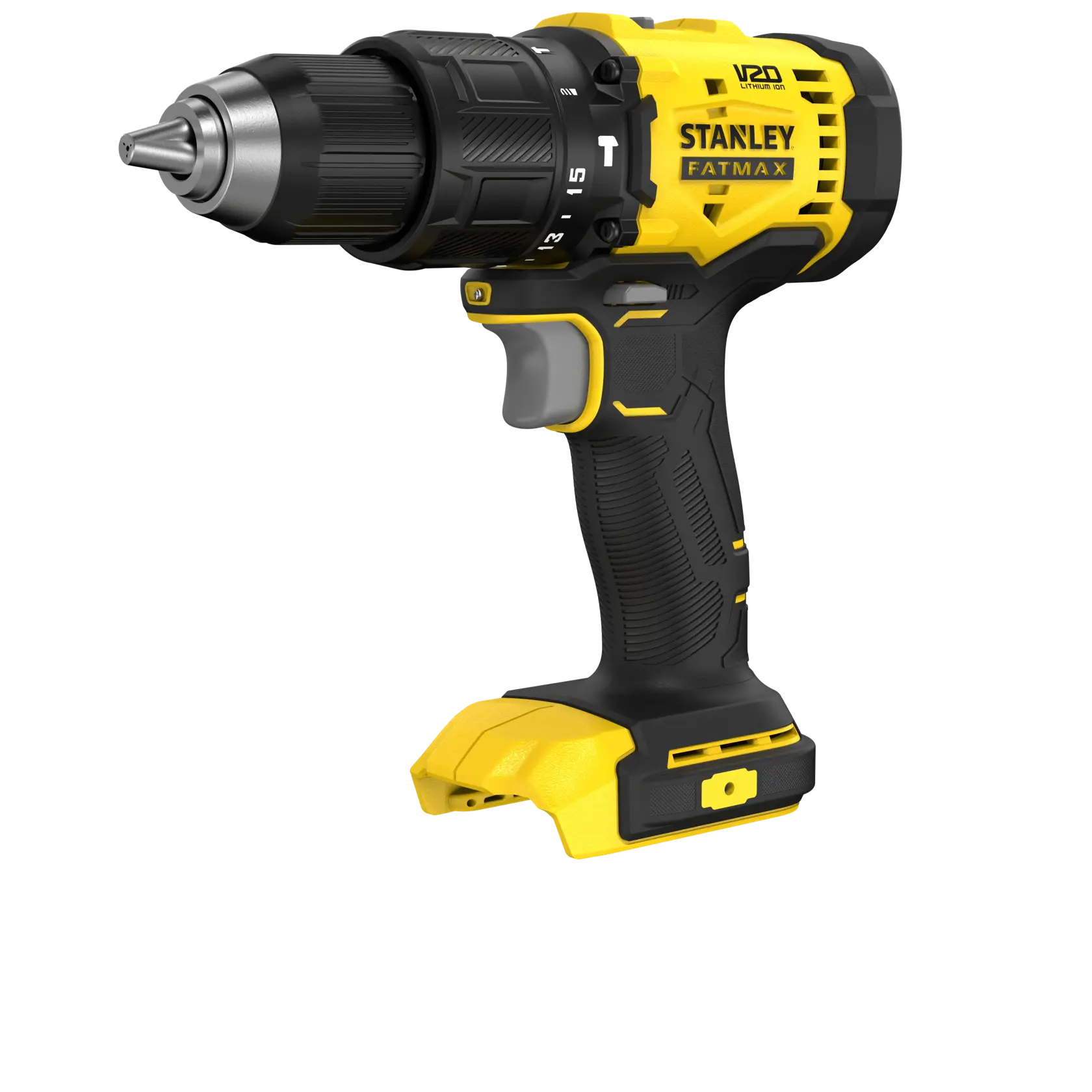 Taladro atornillador inalámbrico STANLEY SCD712B-B3, amarillo y negro, ángulo lateral, con empuñadura visible y sin batería.