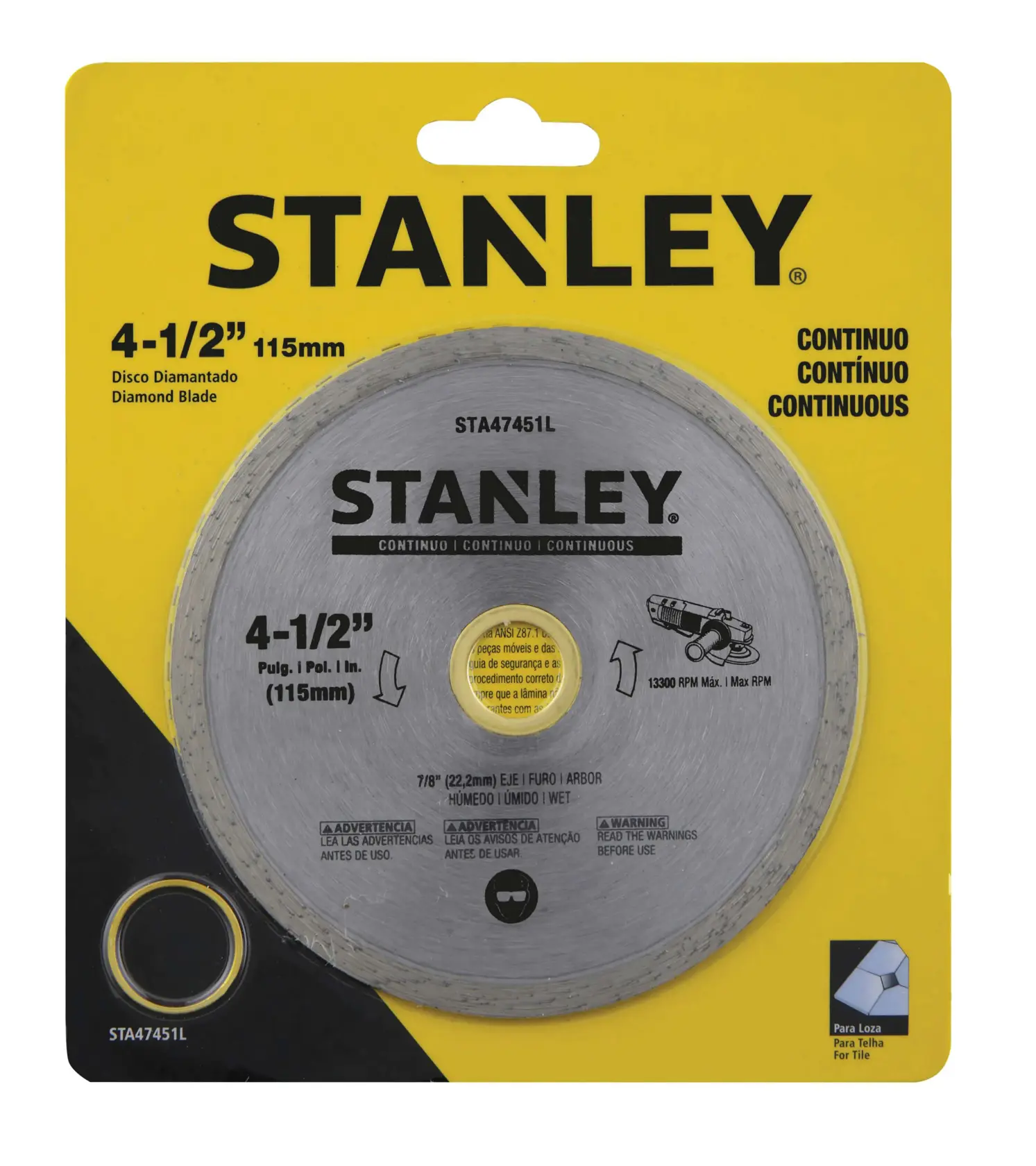 Fotografía de STANLEY STA47451L disco diamantado de 4-1/2 pulgadas en empaque amarillo, categoría fotografía, vista frontal.