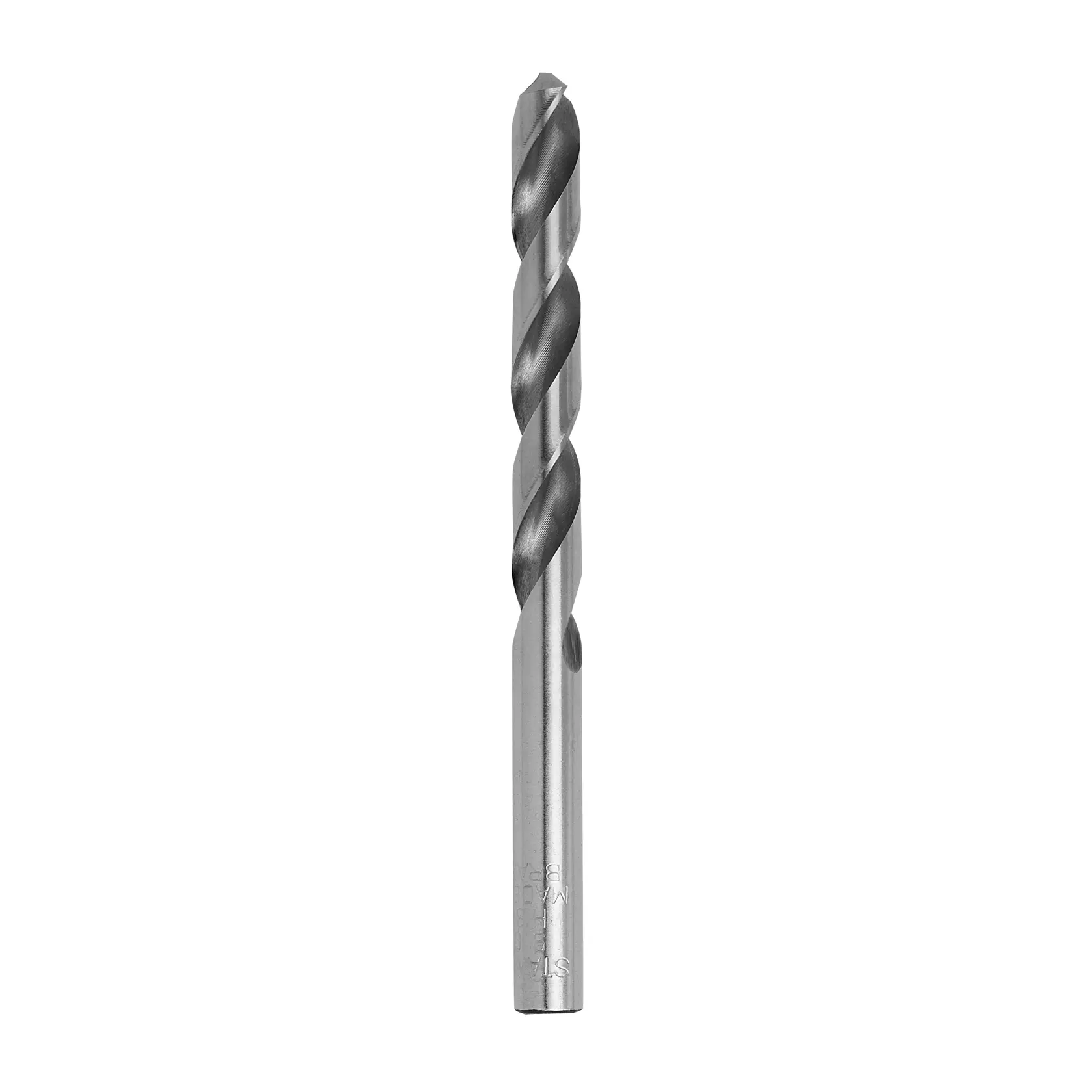 Broca para metal STANLEY STA50090C, plateada, vista frontal, diseño de espiral, fondo blanco.
