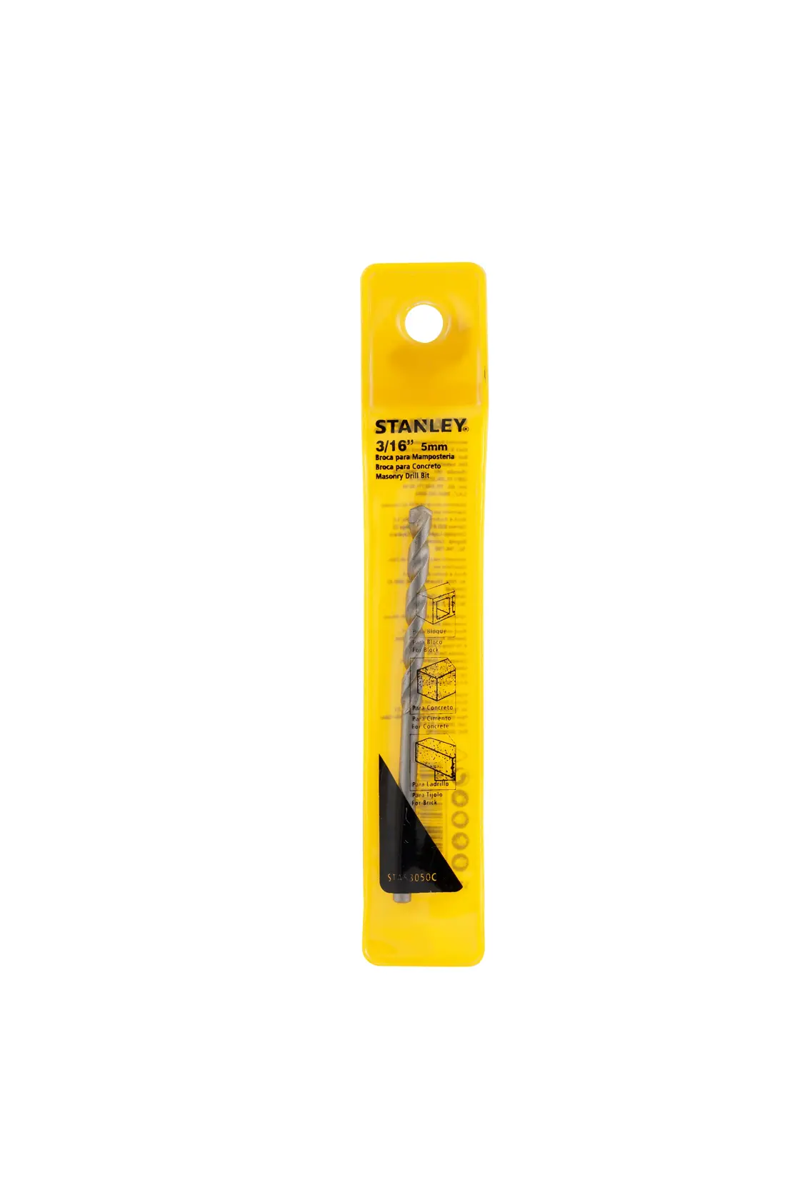Broca STANLEY STA53050C en empaque plástico amarillo, ángulo frontal, tamaño 3/16 pulgada, para metal.
