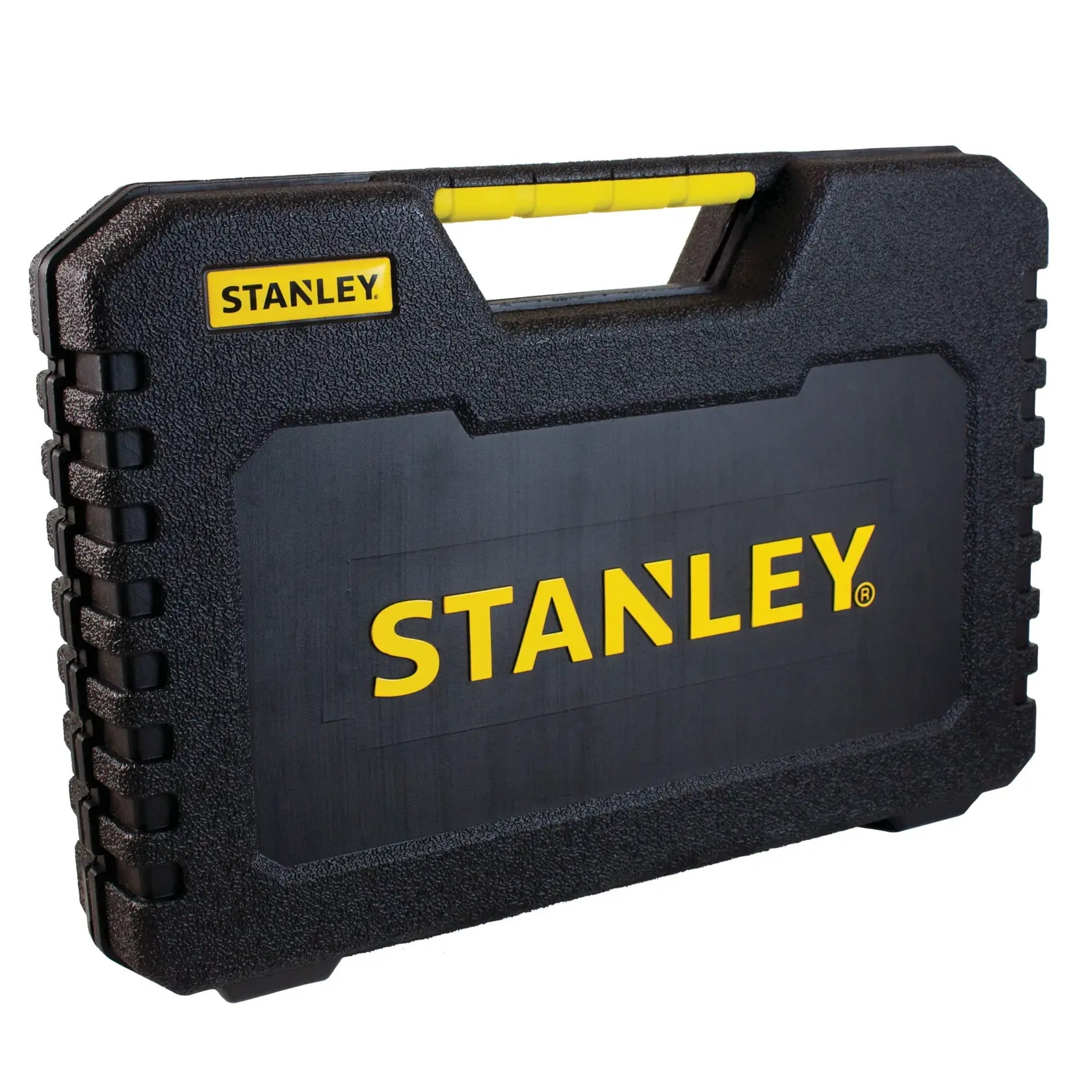 Stanley STA7205 maletín negro de herramientas con asa amarilla y logo Stanley, ángulo frontal, fotografía.