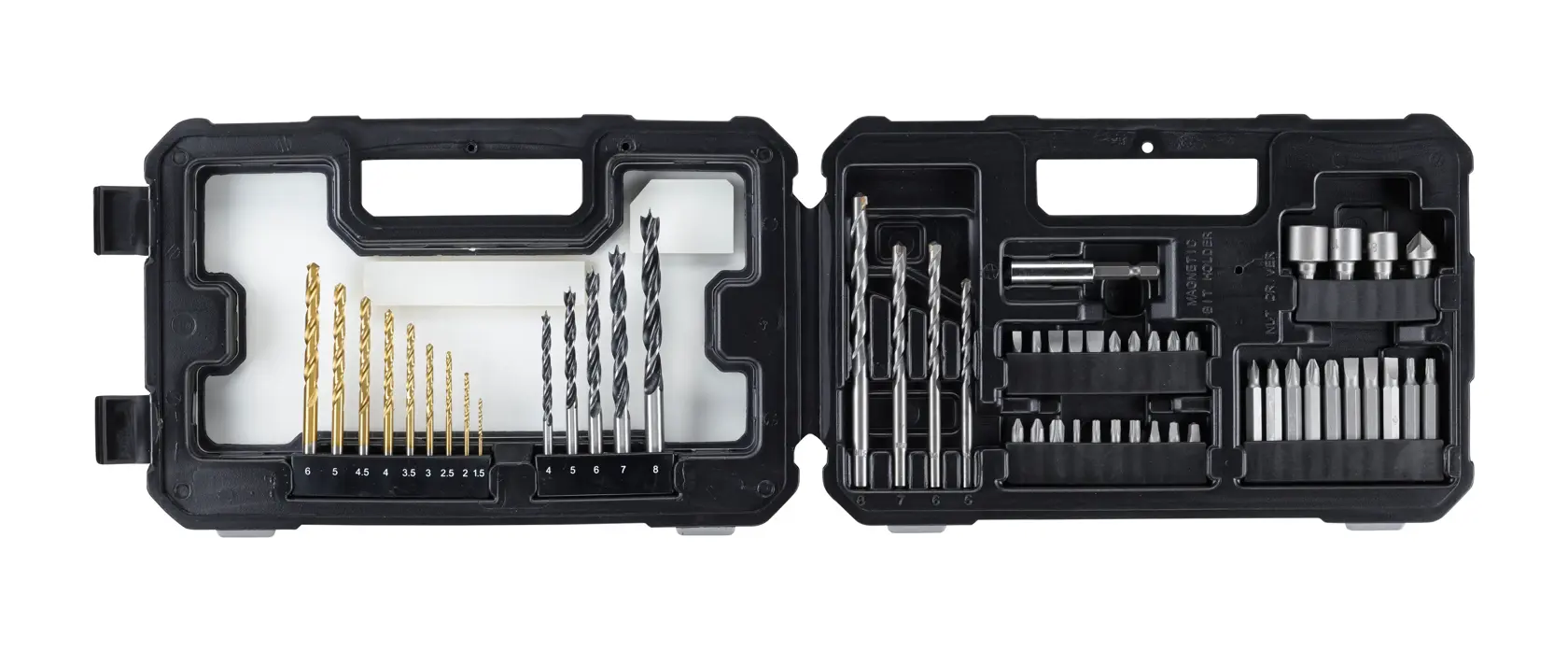STANLEY STA7223 set de brocas y puntas en estuche negro, fotografía superior sobre fondo blanco.