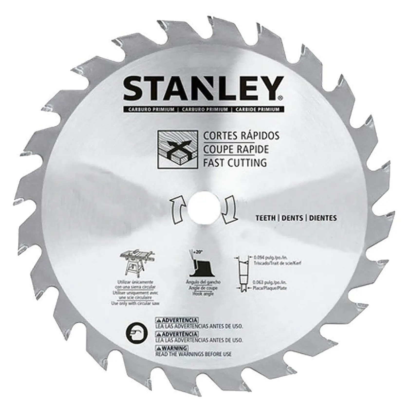 Fotografía de la hoja de sierra circular STANLEY STA7757 con dientes afilados, acabado plateado y etiqueta de corte rápido, vista frontal.