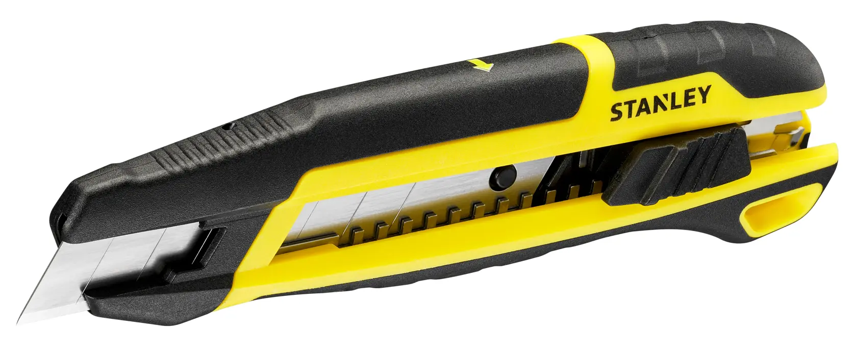 Cuchillo utilitario STANLEY STHT10501-1 con cuerpo amarillo y negro, vista lateral sobre fondo blanco.