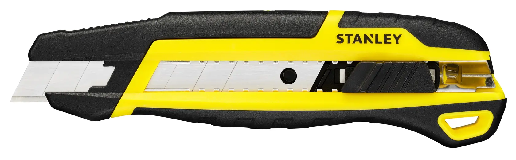 Cuchillo multiusos STANLEY STHT10501, hoja retráctil negro y amarillo, perfil lateral, fotografía sobre fondo blanco.