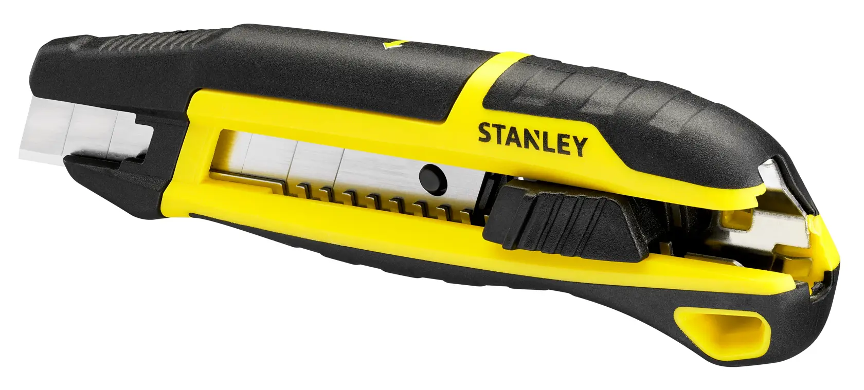 Cuchilla utilitaria STANLEY STHT10501 de cuerpo amarillo y negro, en ángulo derecho sobre fondo blanco.