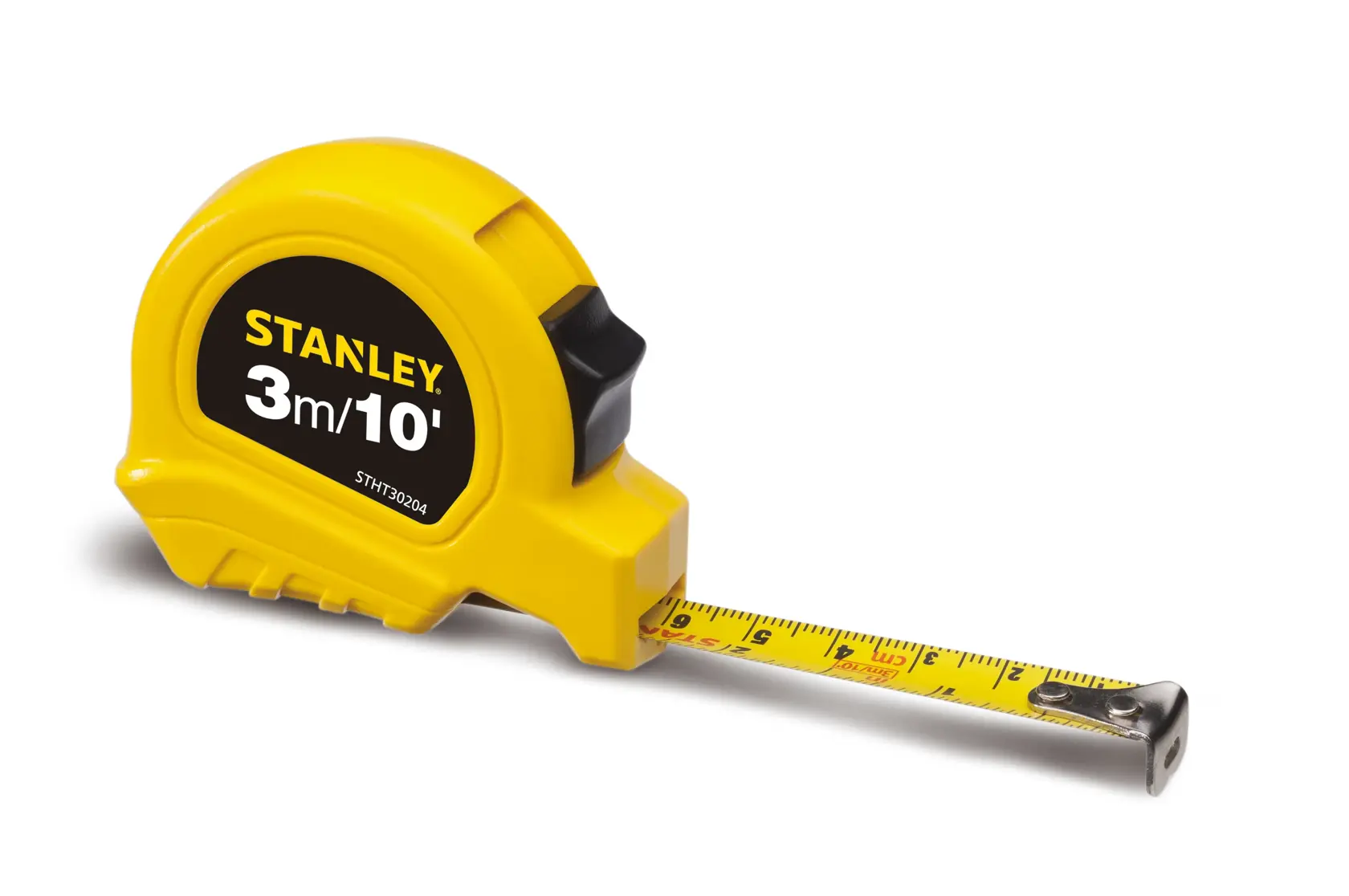 STANLEY STHT30204-840 cinta métrica amarilla, 3m/10ft, vista lateral sobre fondo blanco.