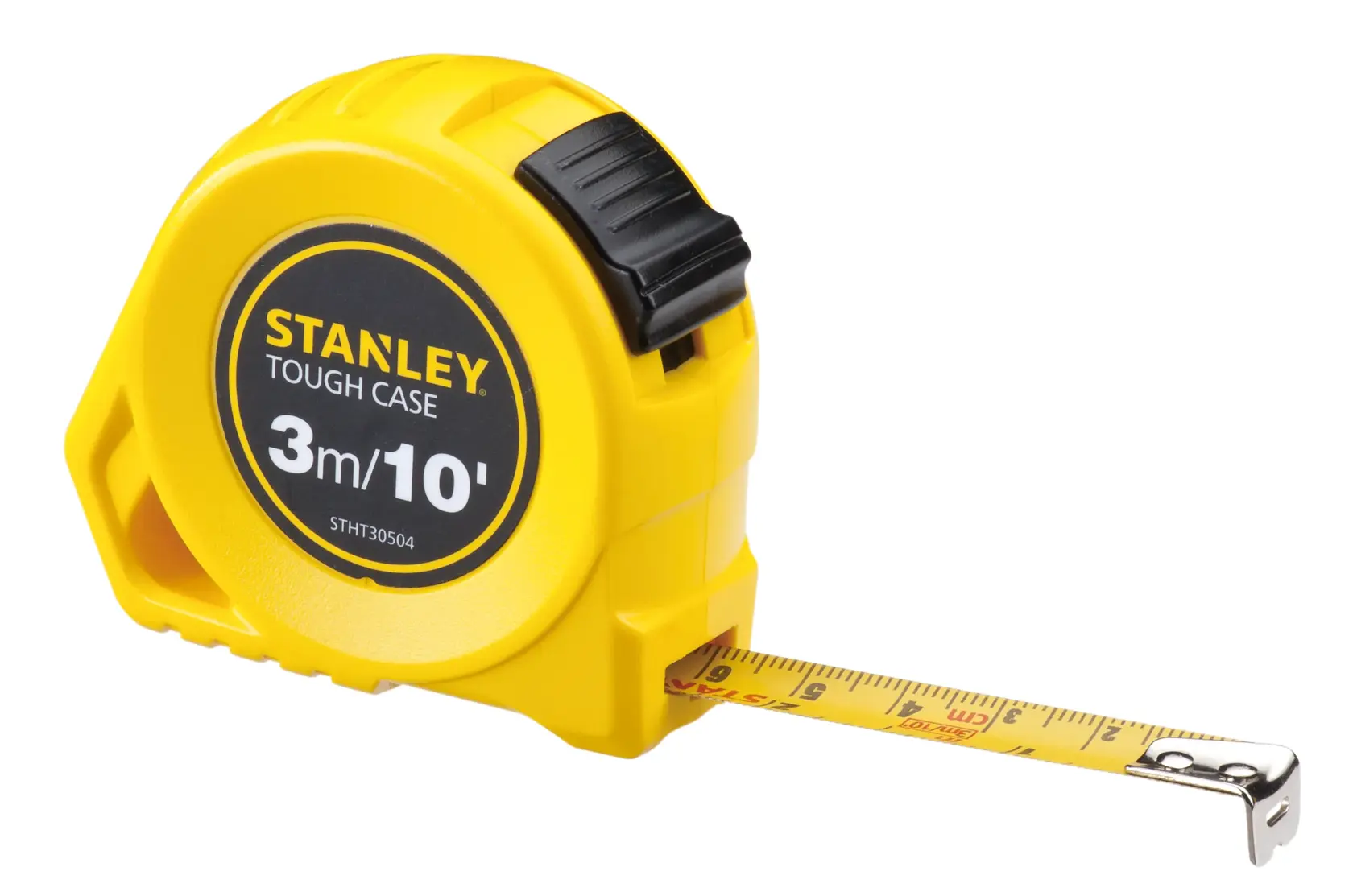 Foto de cinta métrica amarilla STANLEY STHT30504-840 de 3m/10ft, vista lateral sobre fondo blanco.