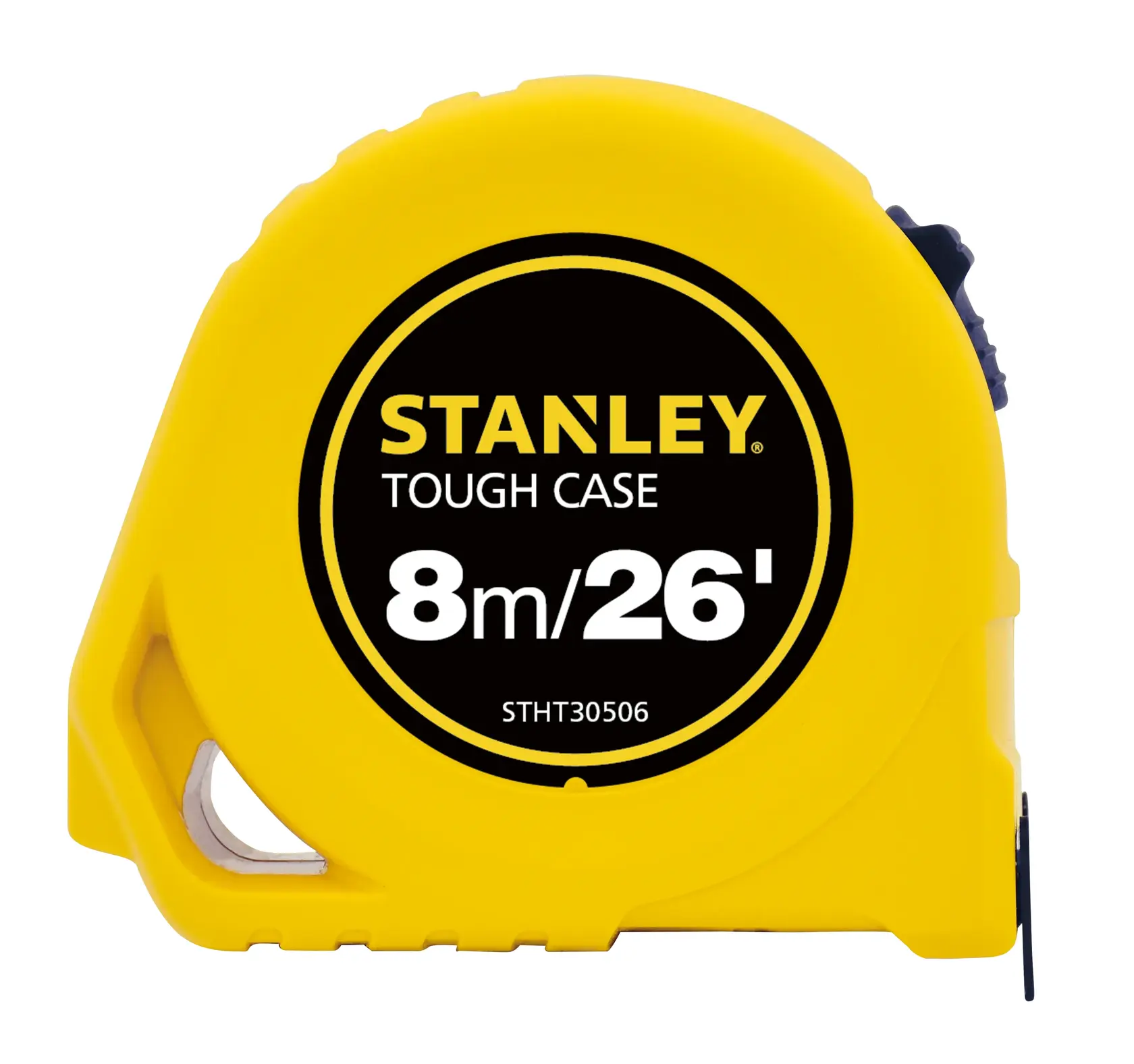 STANLEY STHT30506-840 cinta métrica amarilla, 8m/26ft, estuche resistente, ángulo lateral sobre fondo blanco.