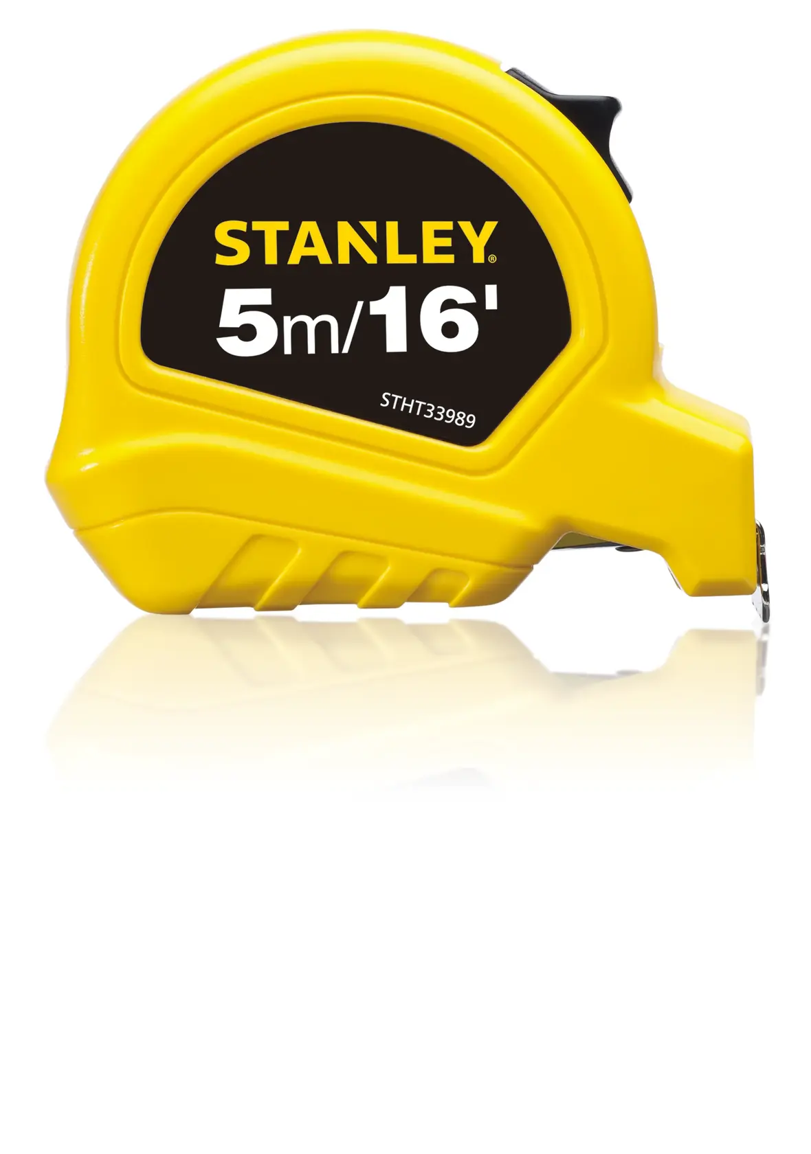 STANLEY STHT33989-840 cinta métrica, carcasa amarilla, 5m/16ft, ángulo frontal, fotografía sobre fondo blanco.