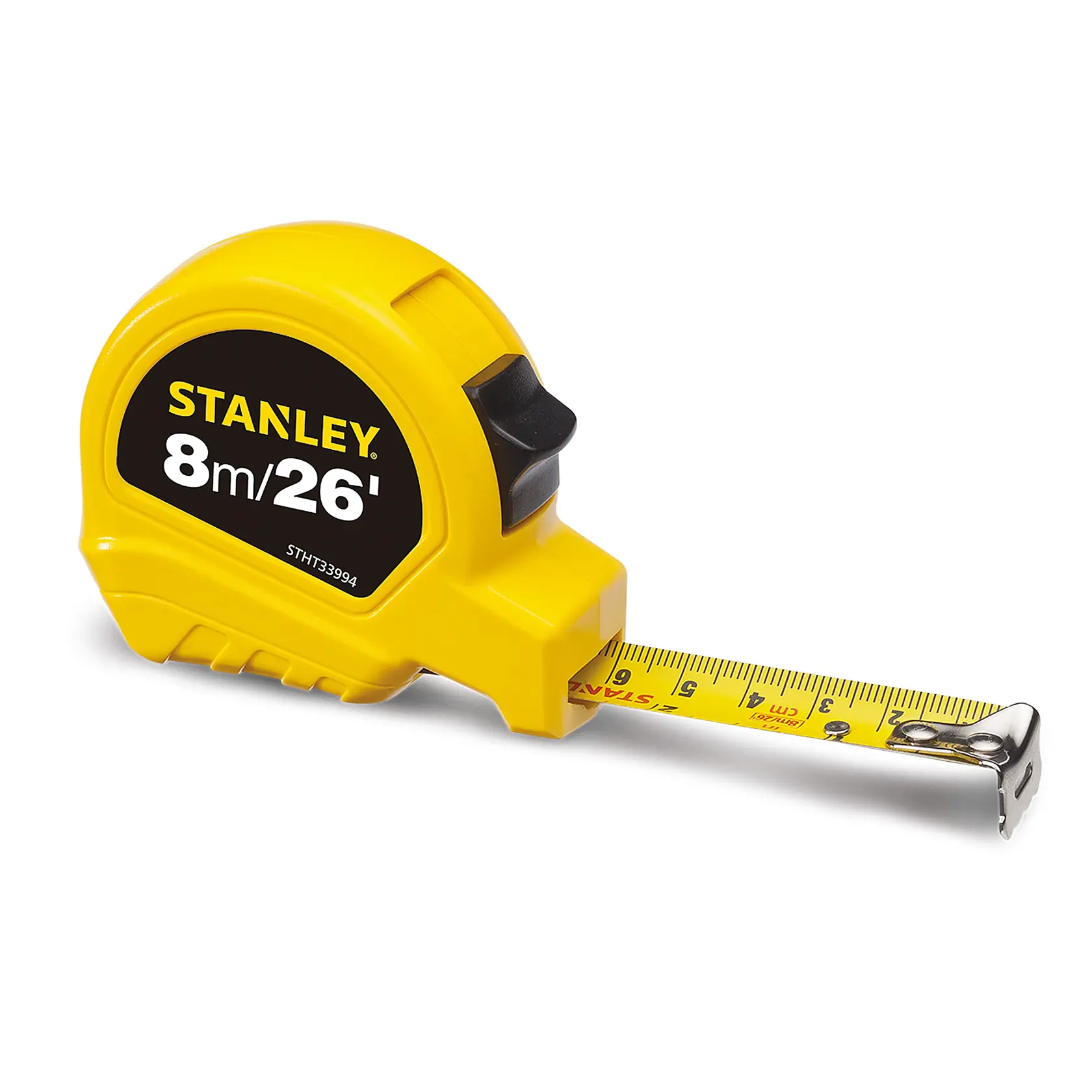 STANLEY STHT33994-840 cinta métrica amarilla, 8m/26ft, vista lateral, etiqueta negra, hoja extendida.