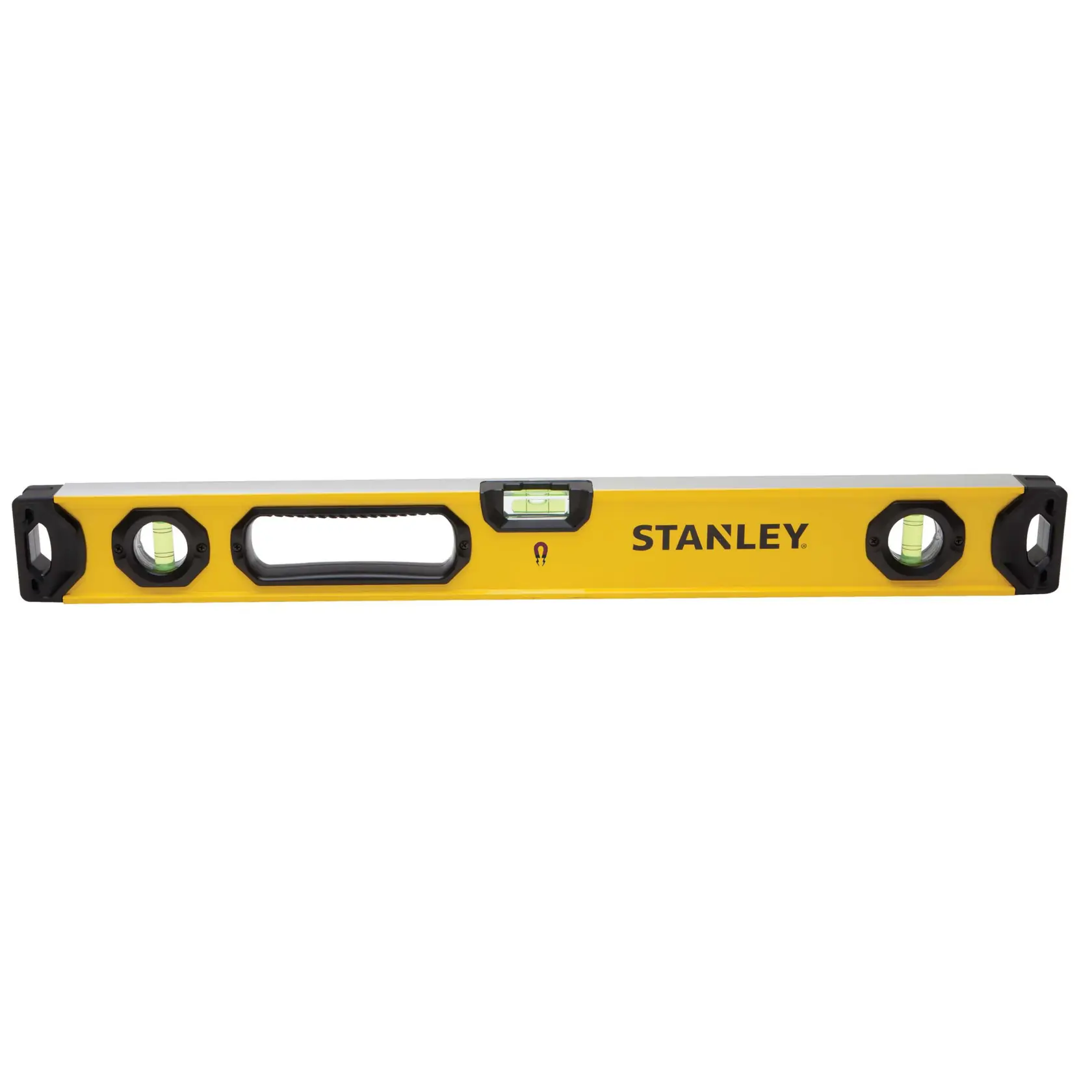 Nivel de burbuja Stanley amarillo con tres frascos, extremos negros y mango central, ángulo frontal sobre fondo blanco