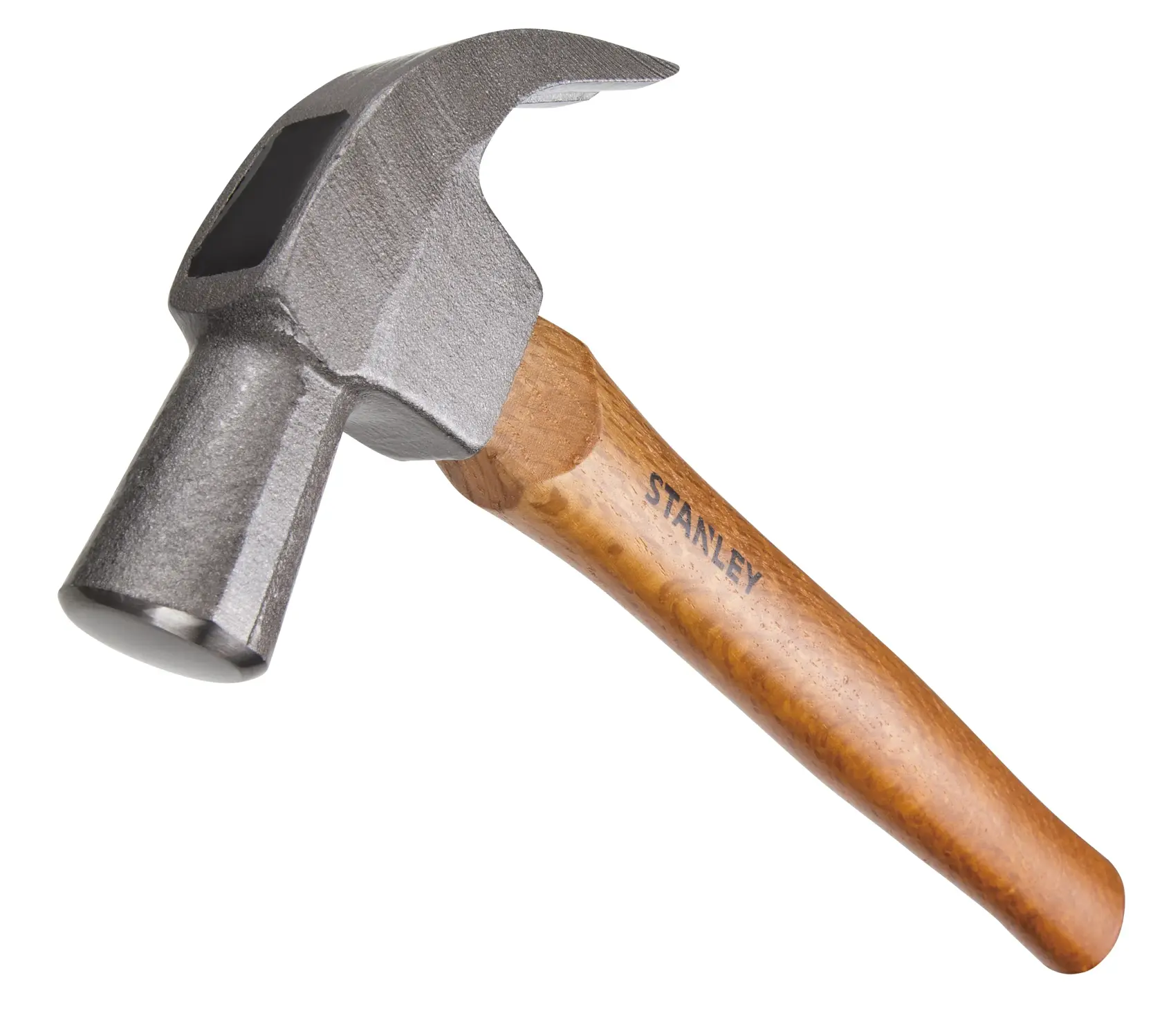 Martillo de garra STANLEY STHT51370-840 con mango de madera, fotografía en fondo blanco y en ángulo.