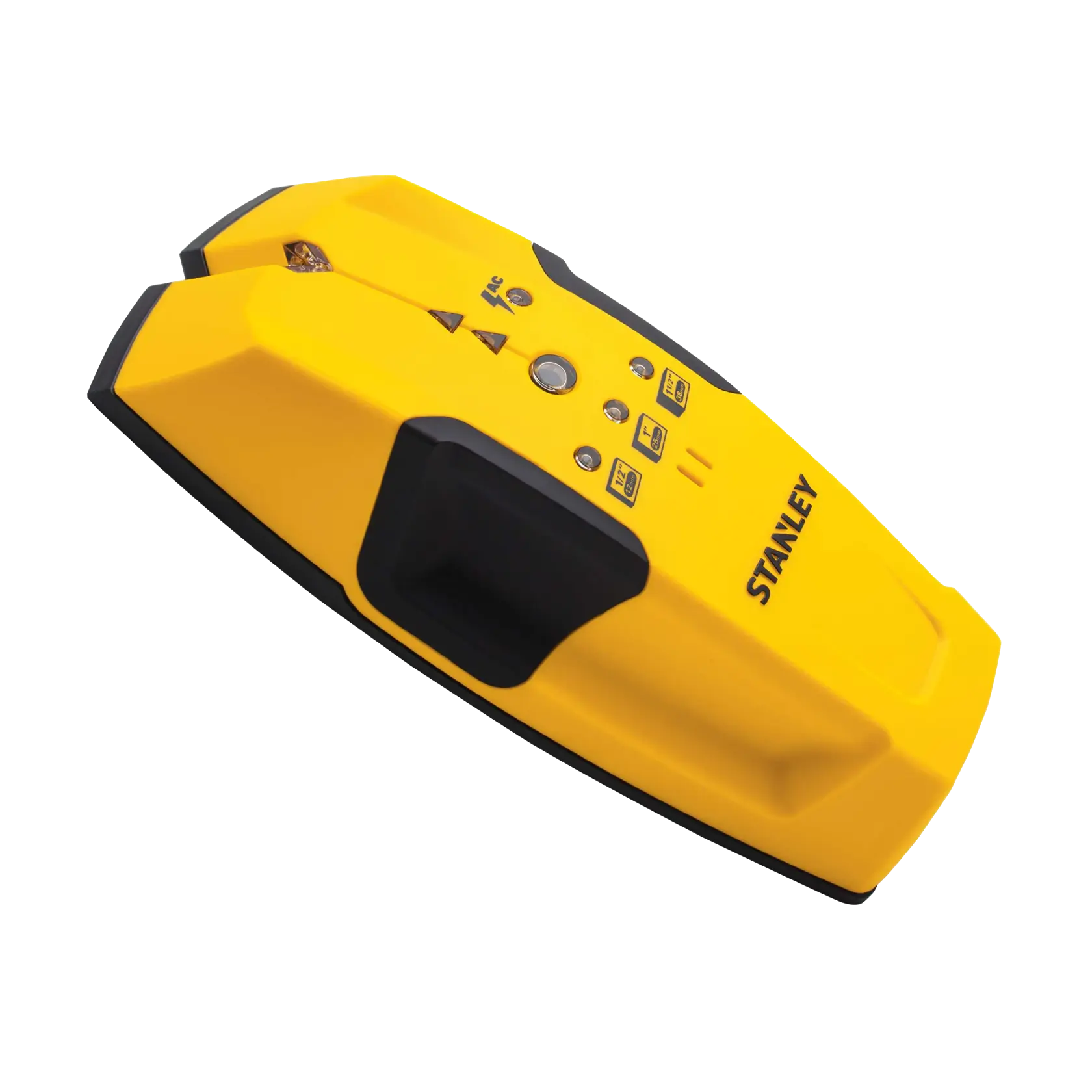 Stanley stud finder amarillo y negro, vista en ángulo, indicadores LED y empuñadura de goma sobre fondo blanco
